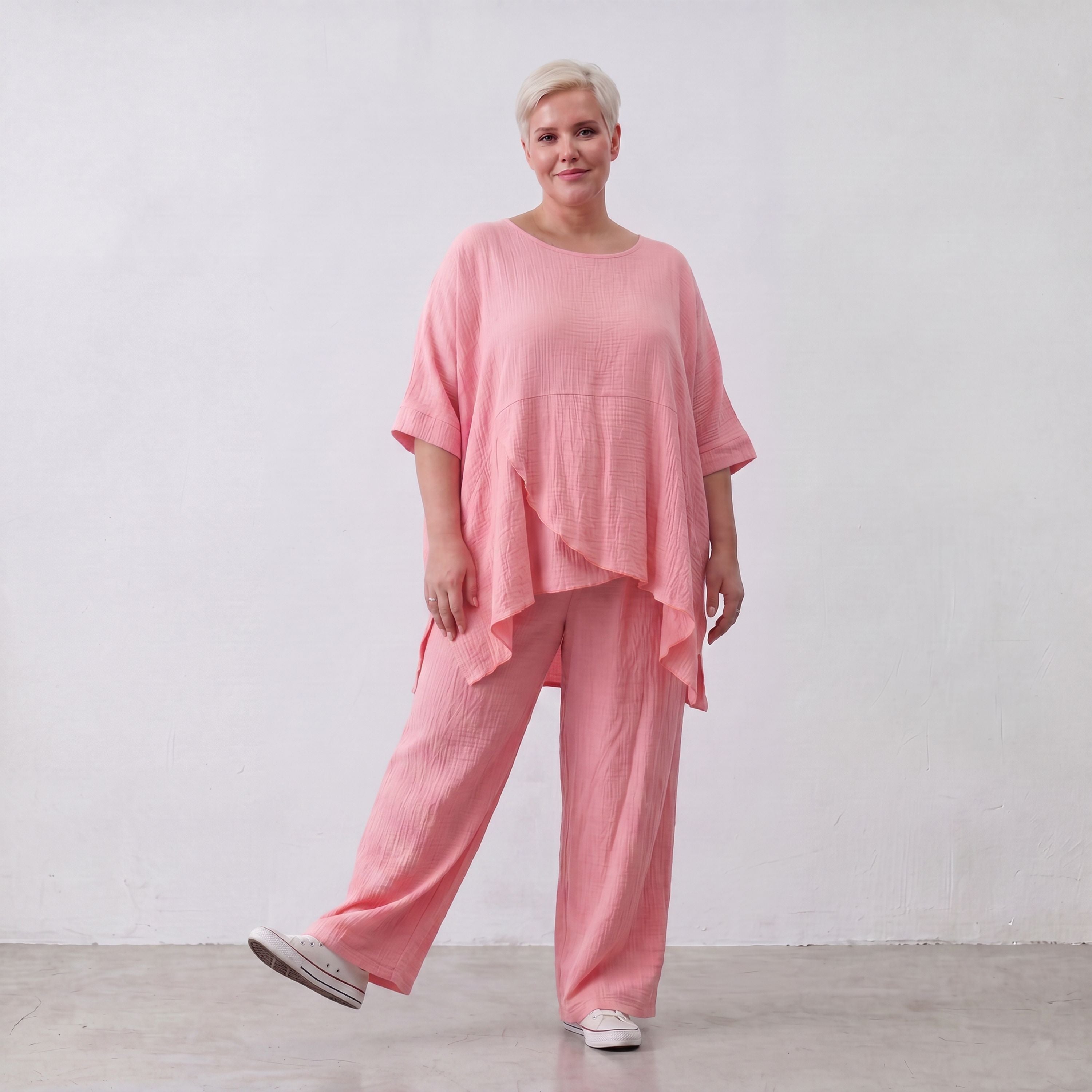 Damen Hose Lagenlook Viskose Rosa, gerader Schnitt, Elastikbund, Oversize große Größen – AKH Fashion