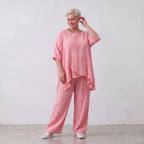 Damen Hose Lagenlook Viskose Rosa, gerader Schnitt, Elastikbund, Oversize große Größen – AKH Fashion