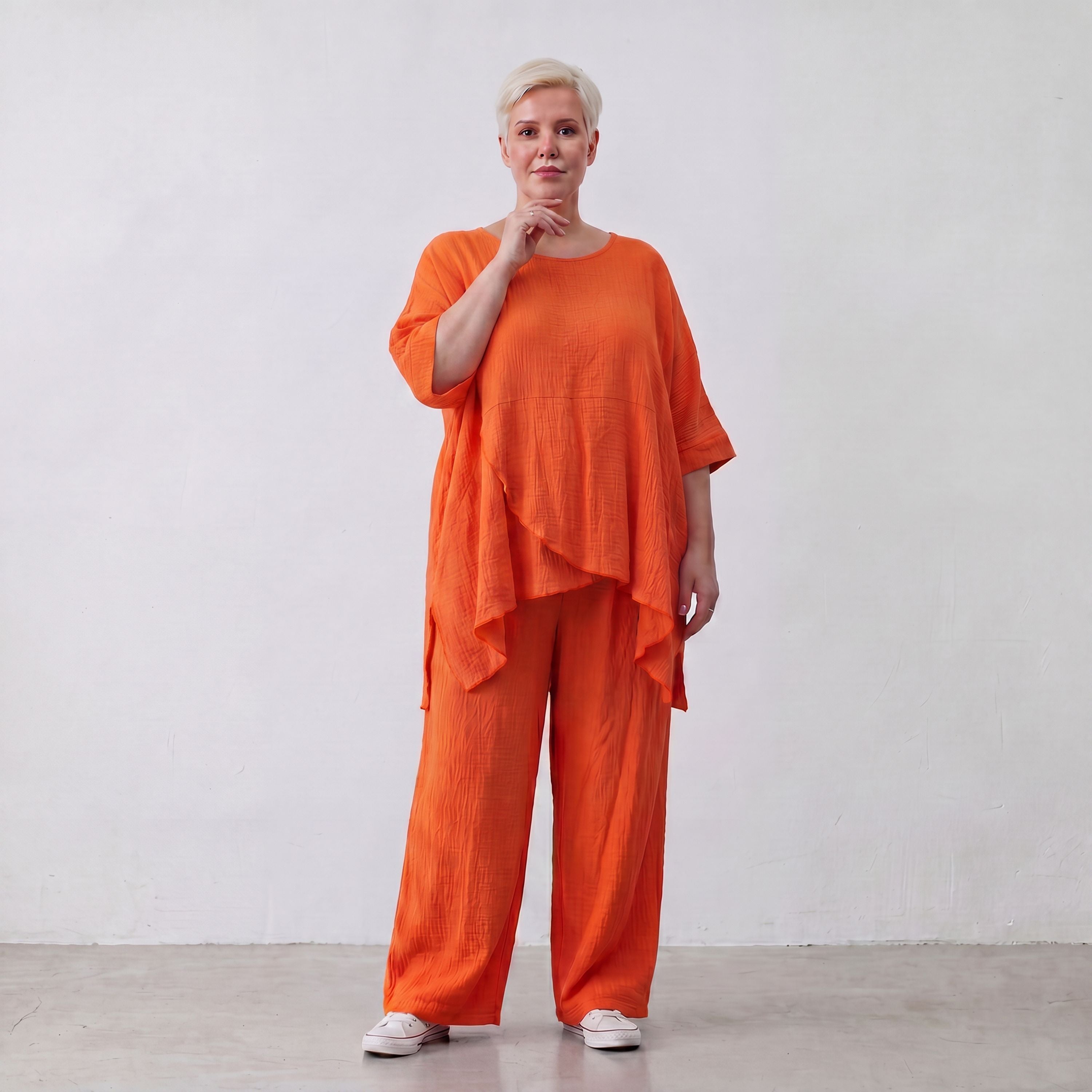Damen Hose Lagenlook Viskose Orange, gerader Schnitt, Elastikbund, Oversize große Größen – AKH Fashion
