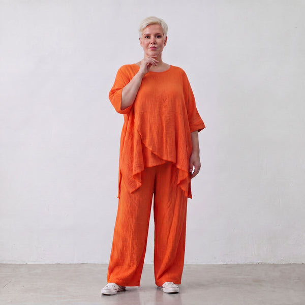 Damen Hose Lagenlook Viskose Orange, gerader Schnitt, Elastikbund, Oversize große Größen – AKH Fashion