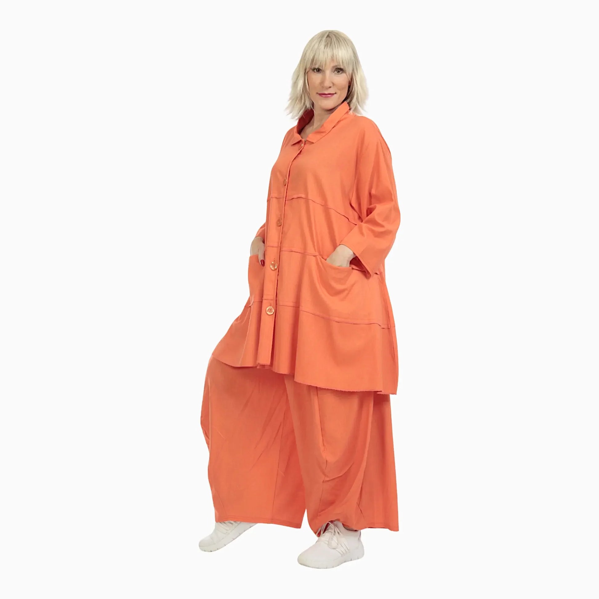  A-Form Jacke in leuchtendem Orange aus hochwertiger Viskose und Leinen für den lässigen Lagenlook