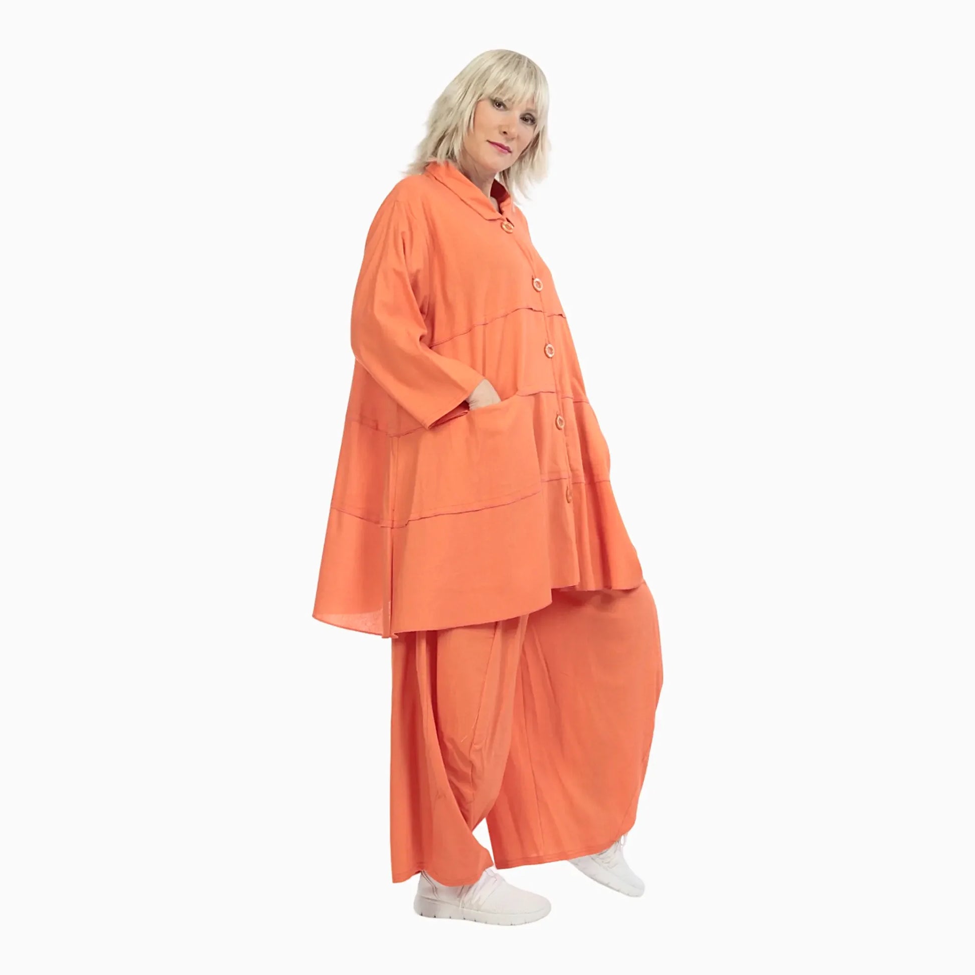  A-Form Jacke in leuchtendem Orange aus hochwertiger Viskose und Leinen für den lässigen Lagenlook