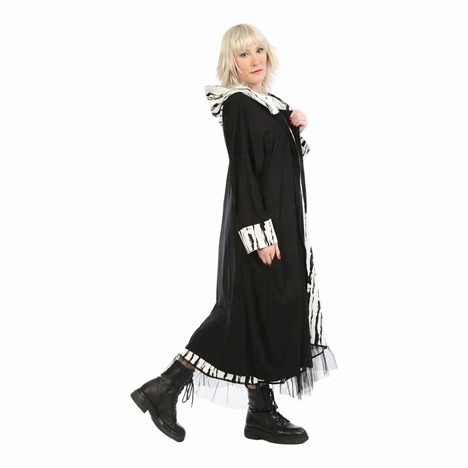  A-Form Mantel in elegantem schwarz-weiß mit Viskose für lässigen Oversize-Look und Taschen