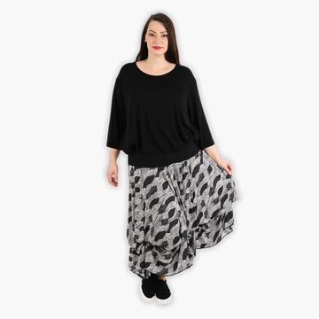  Ballonrock in elegantem Schwarz-Weiß-Blumenmuster, vielseitig, weich und ideal für Plus Size