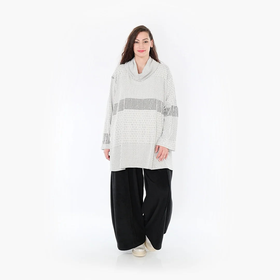  A-Form Bigshirt von AKH Fashion aus Viskose, 1377.0593R, Schwarz-Ecru, Gerippt, Schick