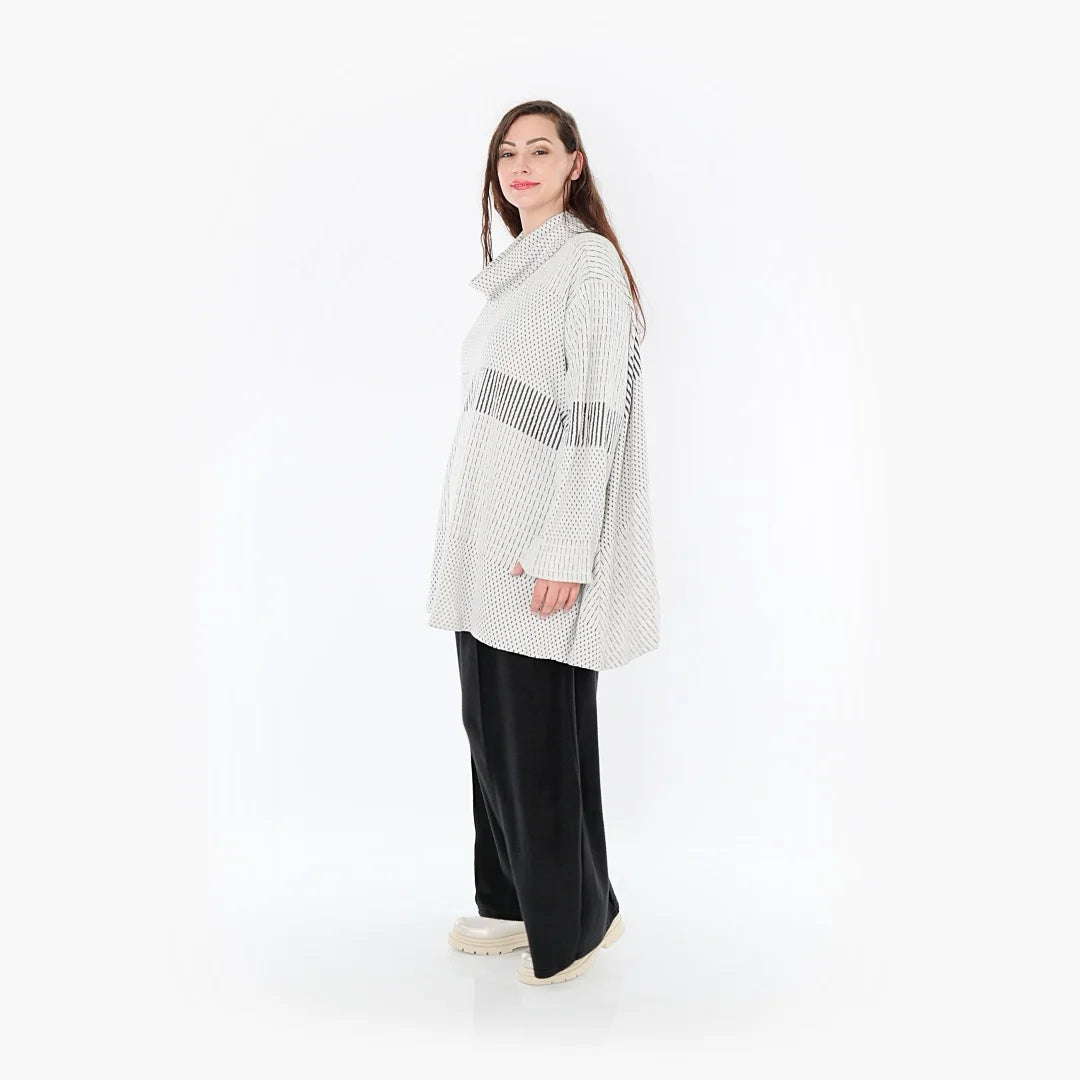  A-Form Bigshirt von AKH Fashion aus Viskose, 1377.0593R, Schwarz-Ecru, Gerippt, Schick