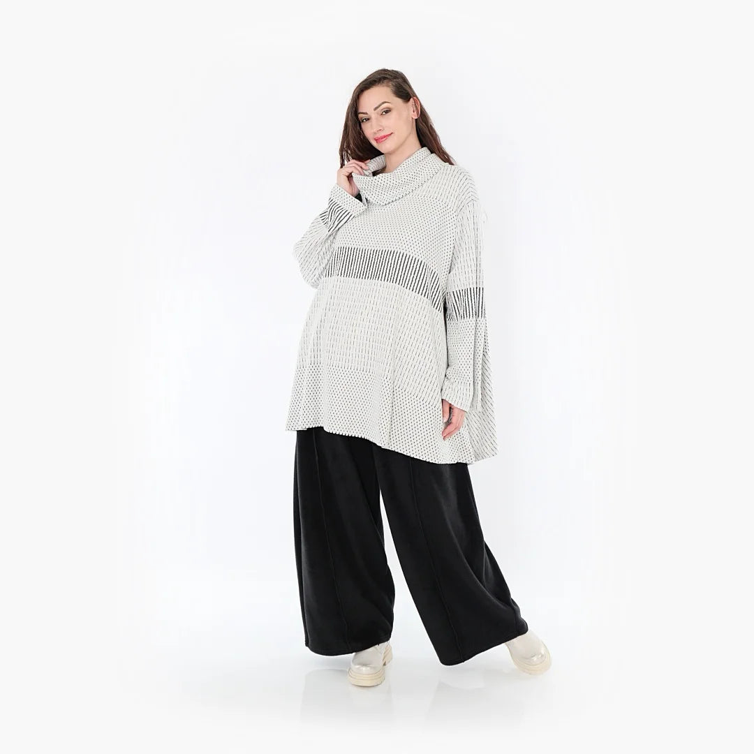  A-Form Bigshirt von AKH Fashion aus Viskose, 1377.0593R, Schwarz-Ecru, Gerippt, Schick