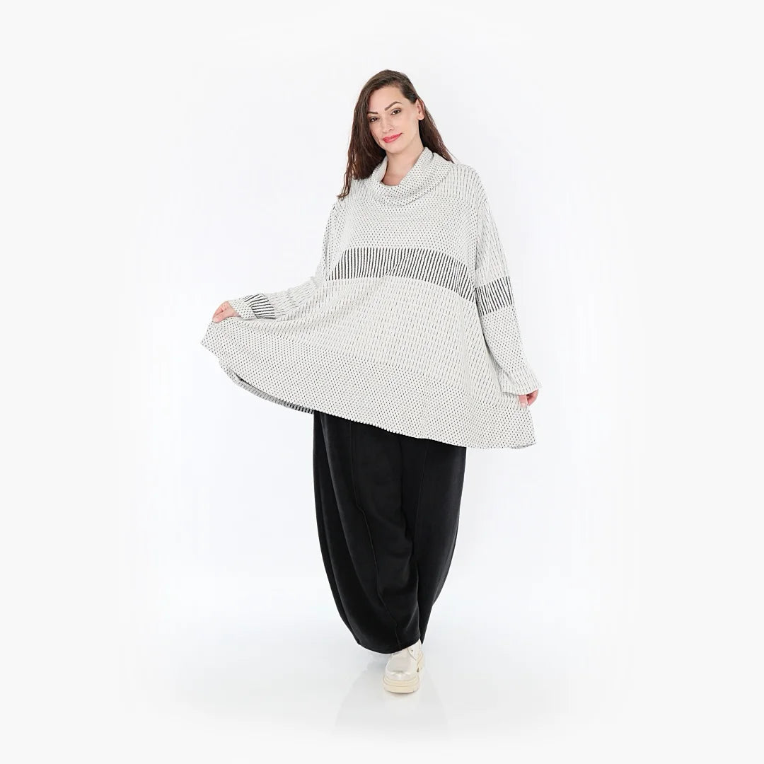  A-Form Bigshirt von AKH Fashion aus Viskose, 1377.0593R, Schwarz-Ecru, Gerippt, Schick