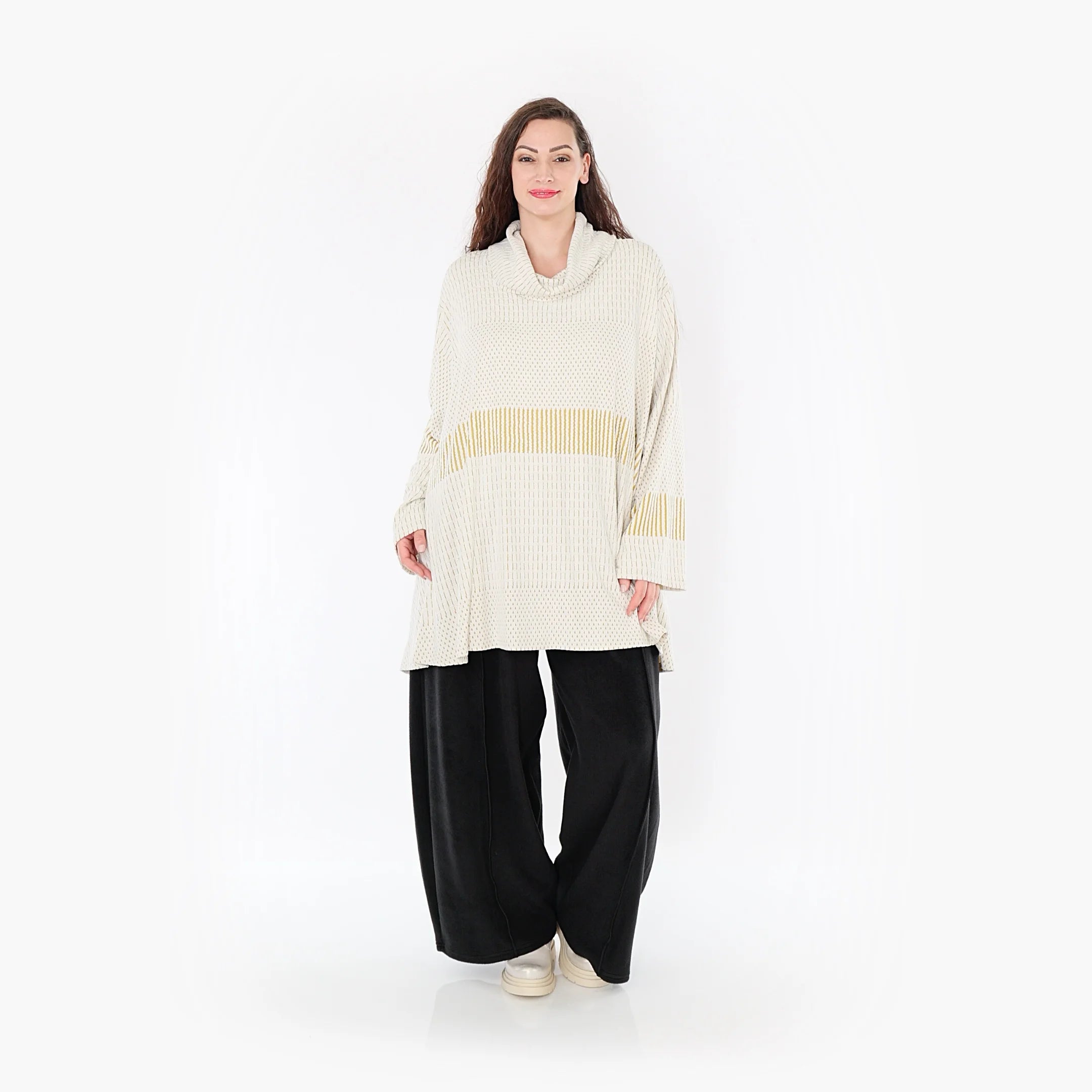  A-Form Bigshirt von AKH Fashion aus Viskose, 1377.0593R, Senf-Ecru, Gerippt, Schick, Modern