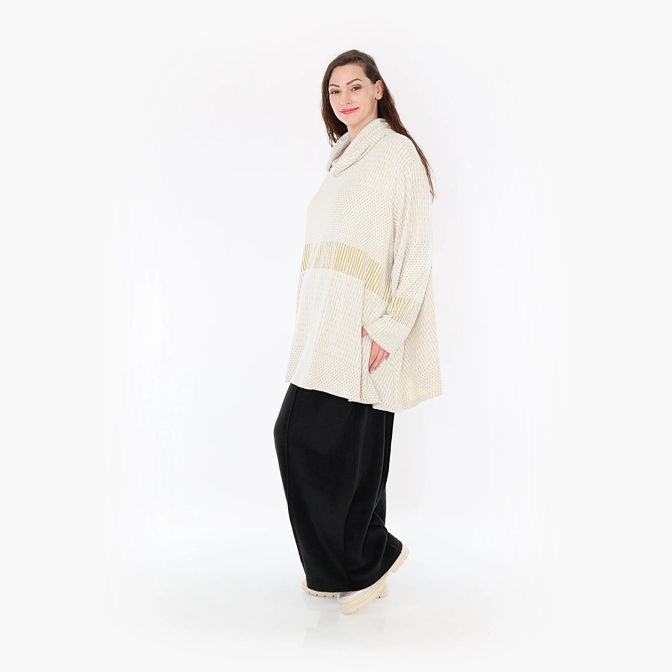  A-Form Bigshirt von AKH Fashion aus Viskose, 1377.0593R, Senf-Ecru, Gerippt, Schick, Modern