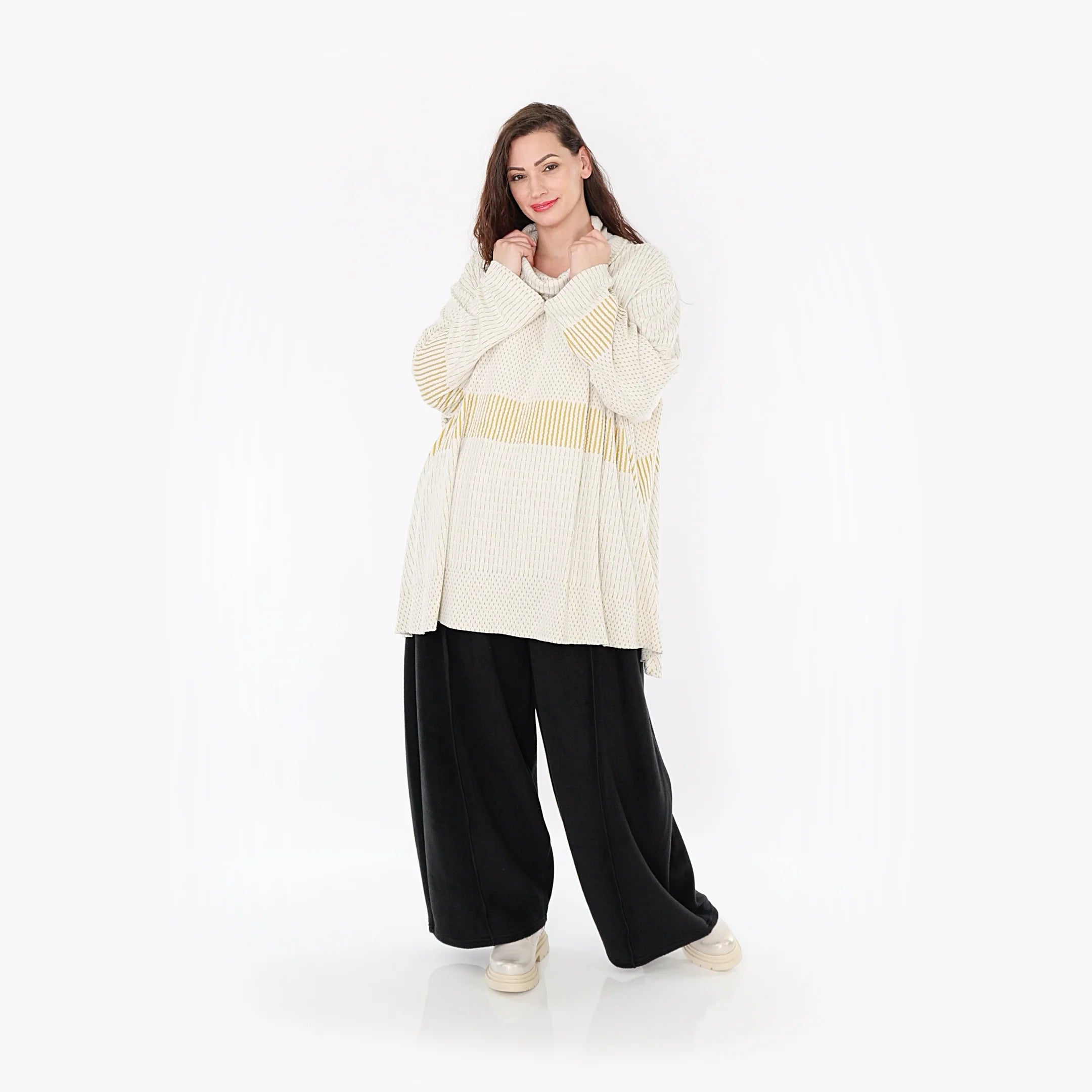  A-Form Bigshirt von AKH Fashion aus Viskose, 1377.0593R, Senf-Ecru, Gerippt, Schick, Modern