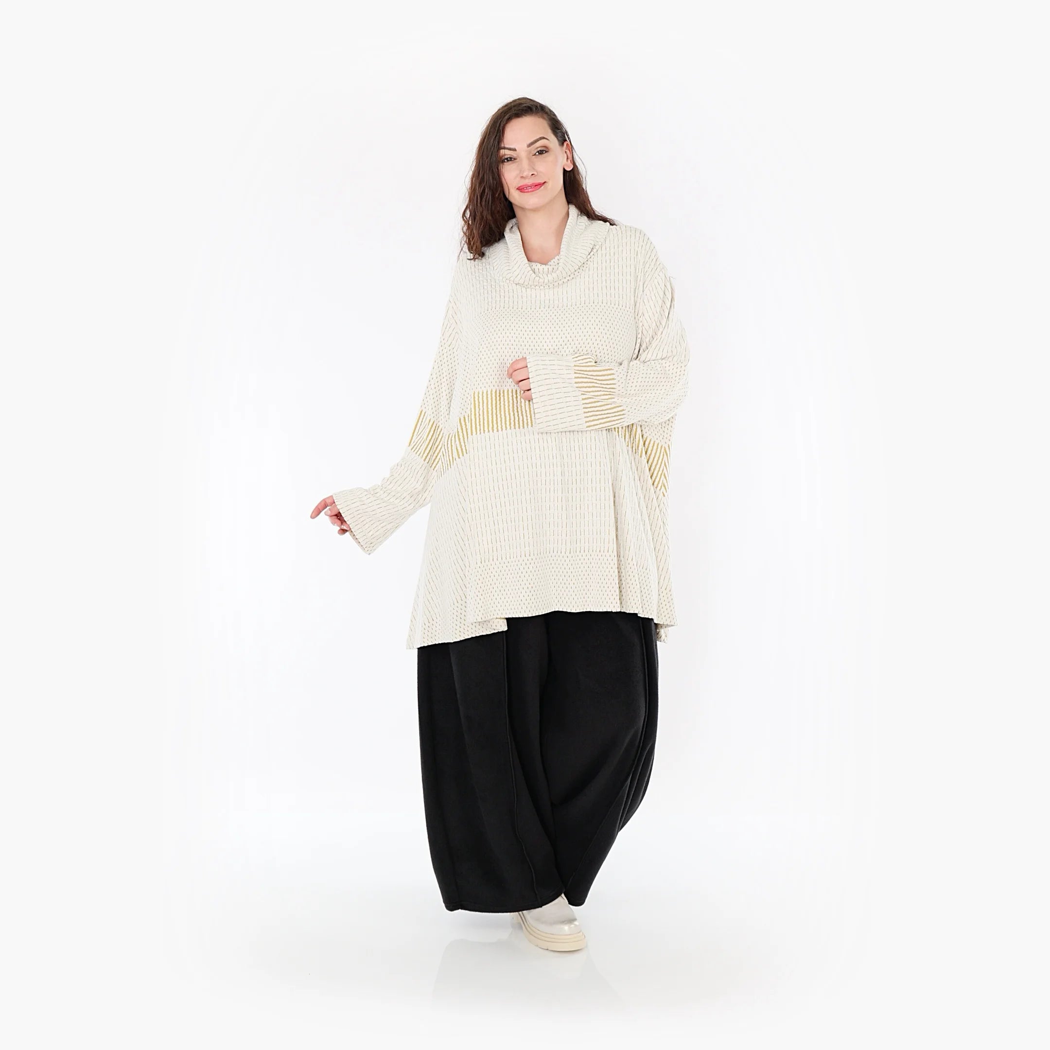  A-Form Bigshirt von AKH Fashion aus Viskose, 1377.0593R, Senf-Ecru, Gerippt, Schick, Modern