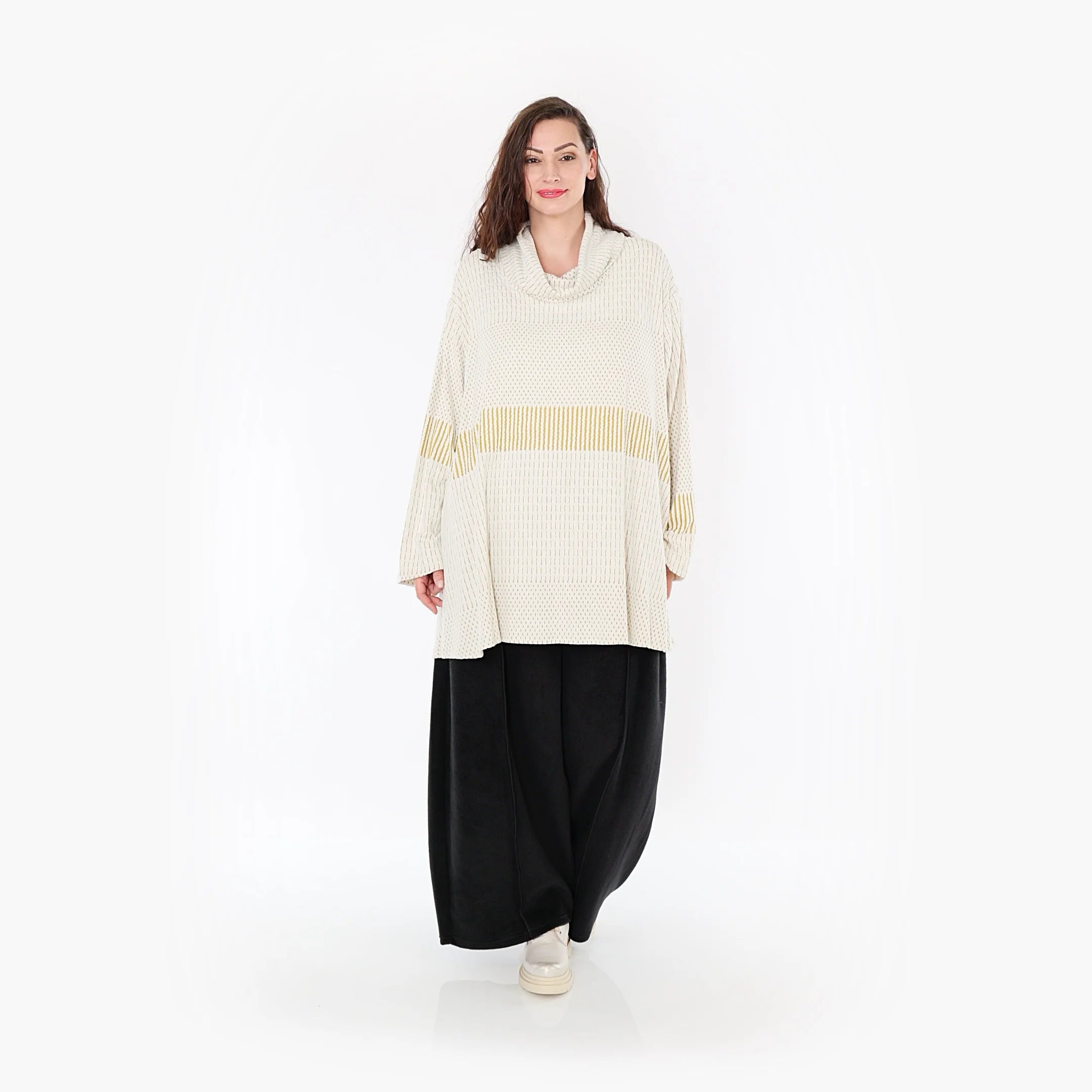  A-Form Bigshirt von AKH Fashion aus Viskose, 1377.0593R, Senf-Ecru, Gerippt, Schick, Modern