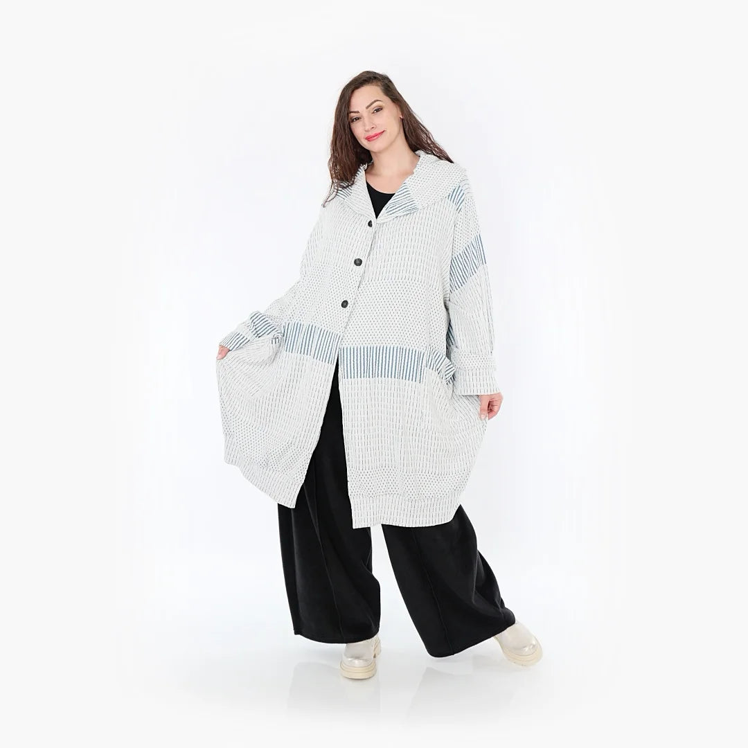  Ballonmantel von AKH Fashion aus Viskose, 1377.06518, Blau-Ecru, Gerippt, Schick, Modern