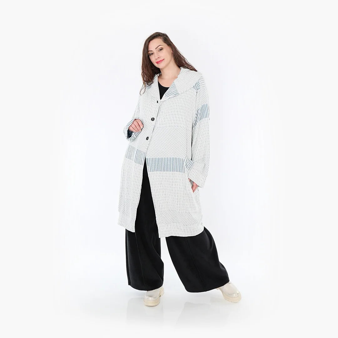  Ballonmantel von AKH Fashion aus Viskose, 1377.06518, Blau-Ecru, Gerippt, Schick, Modern