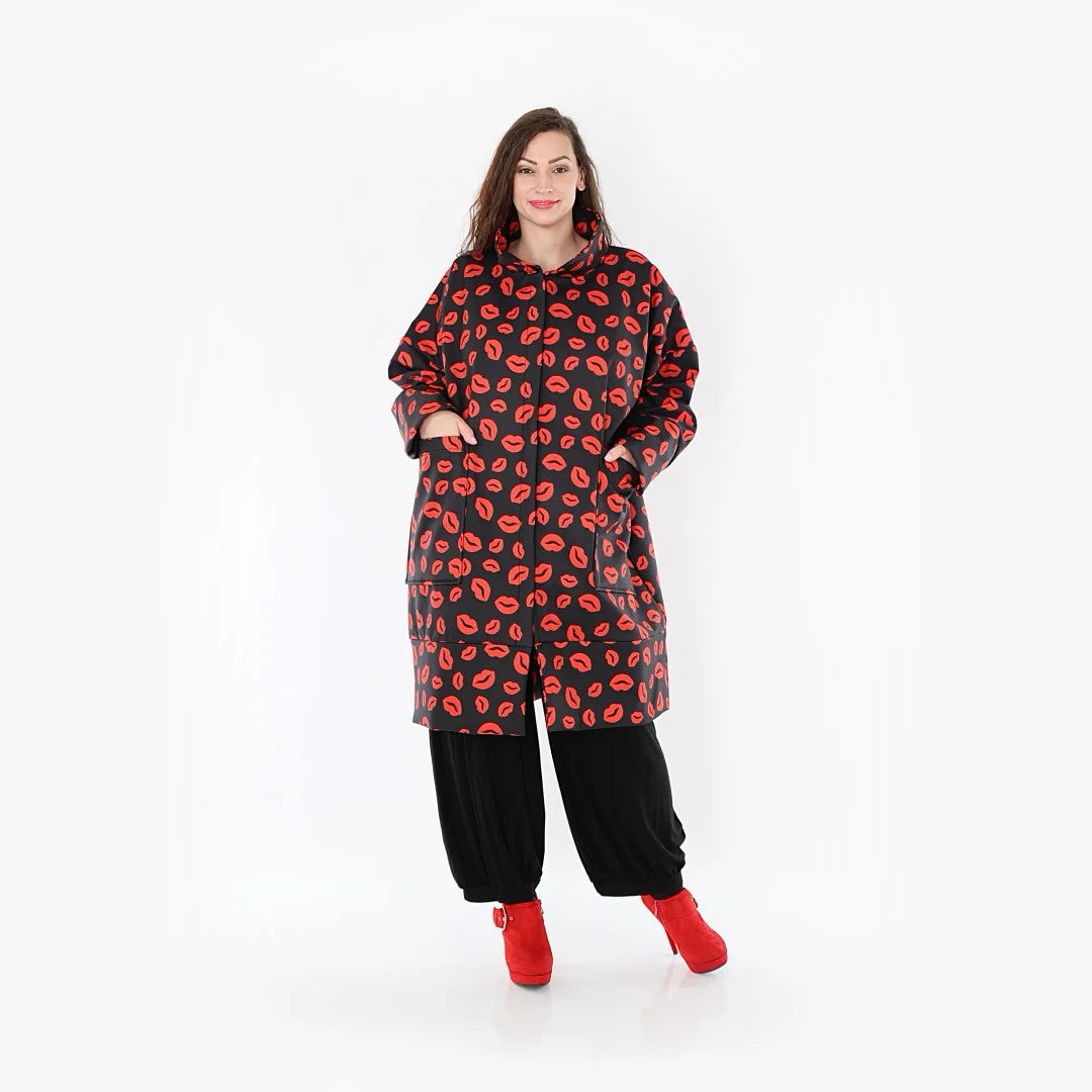  Stylischer Softshell-Mantel in Schwarz-Rot mit praktischem Reißverschluss und Taschen, Curvy Fashion