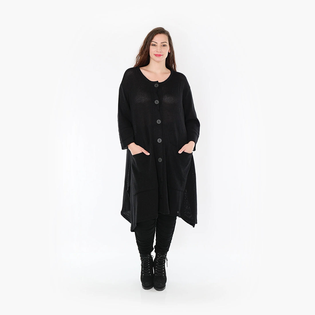  Oversize-Strickmantel in Schwarz für Plus Size mit luftiger Passform und lässigem A-Schnitt