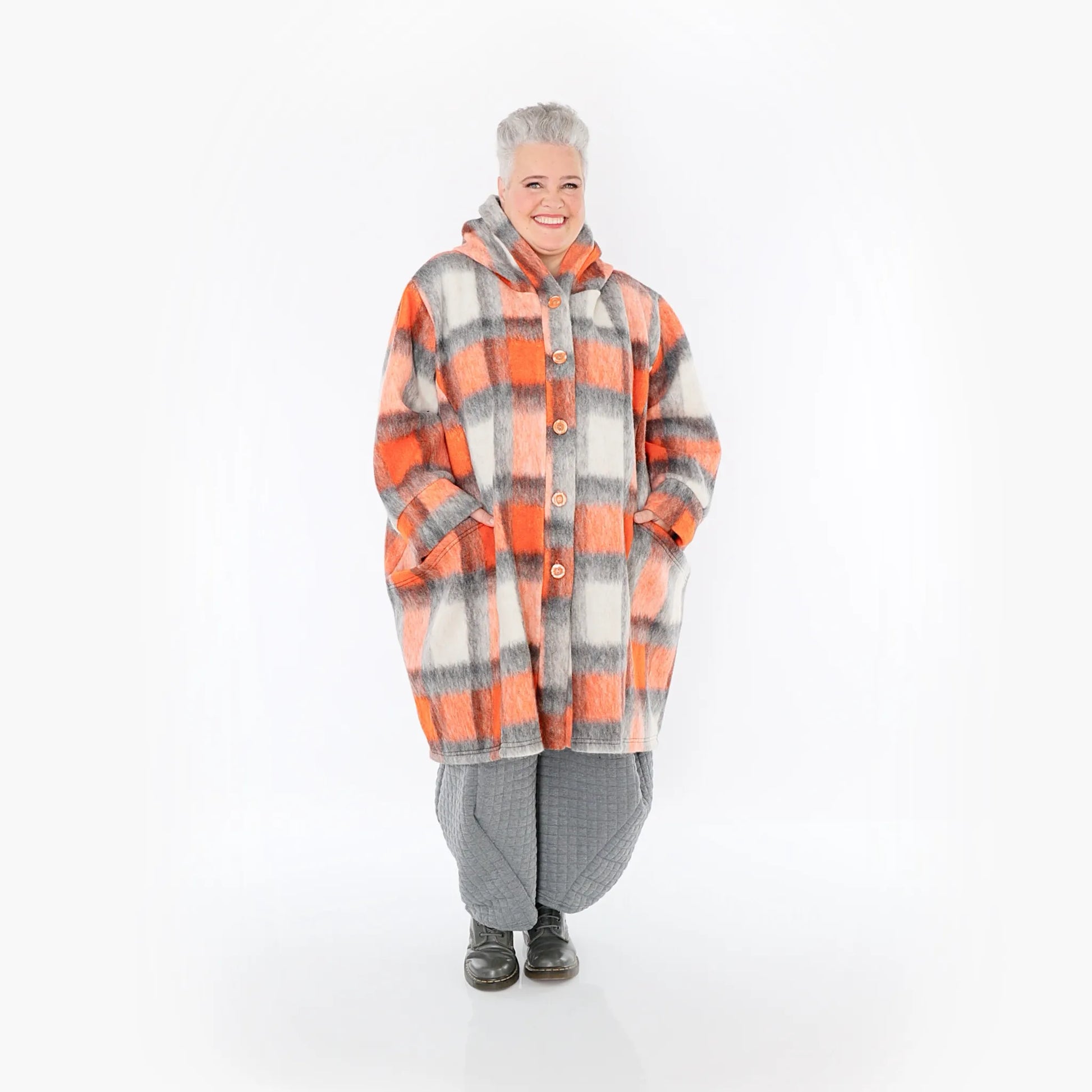  Ballonjacke von AKH Fashion aus Materialmix, 1410.06690, Orange-Grau-Weiß, Kariert