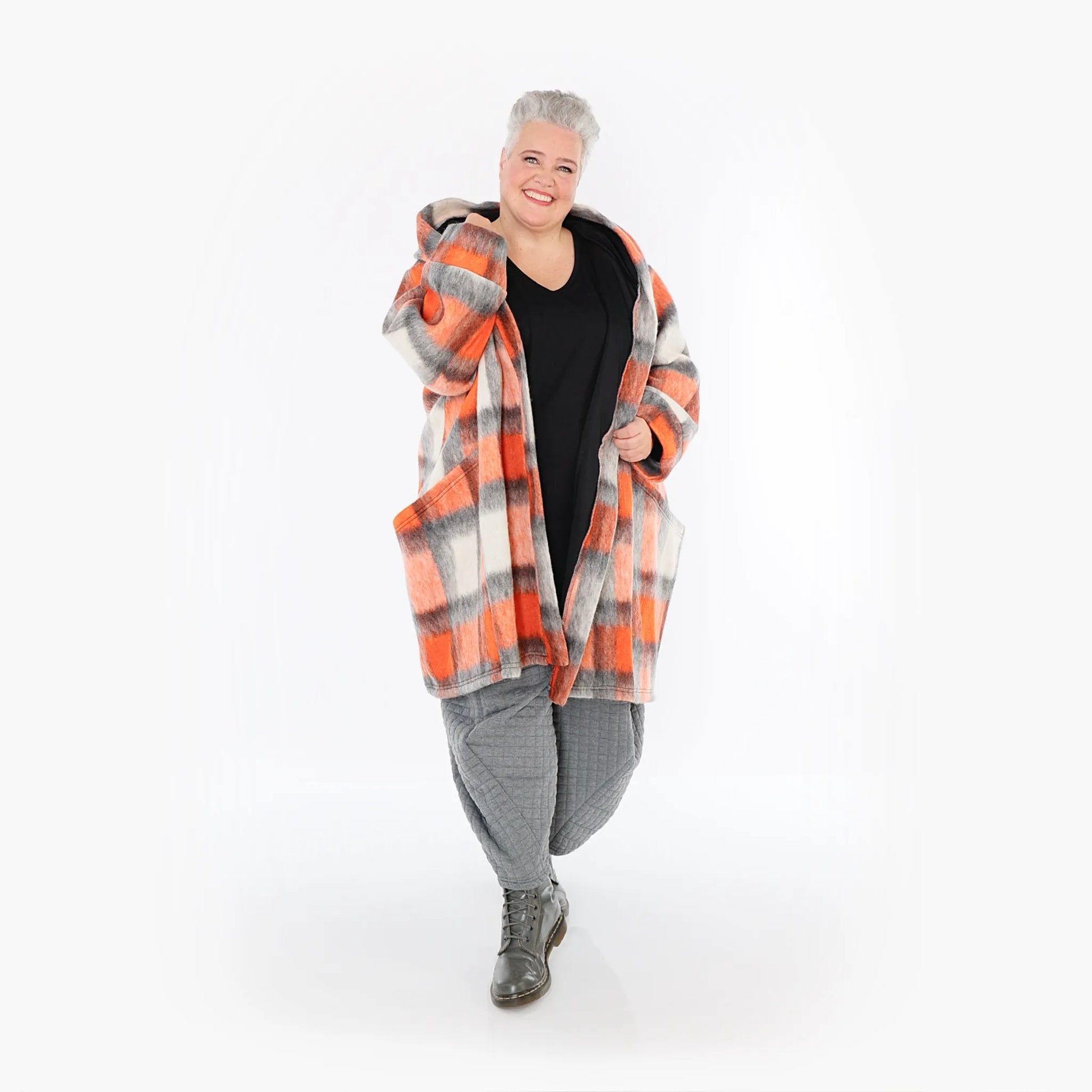  Ballonjacke von AKH Fashion aus Materialmix, 1410.06690, Orange-Grau-Weiß, Kariert