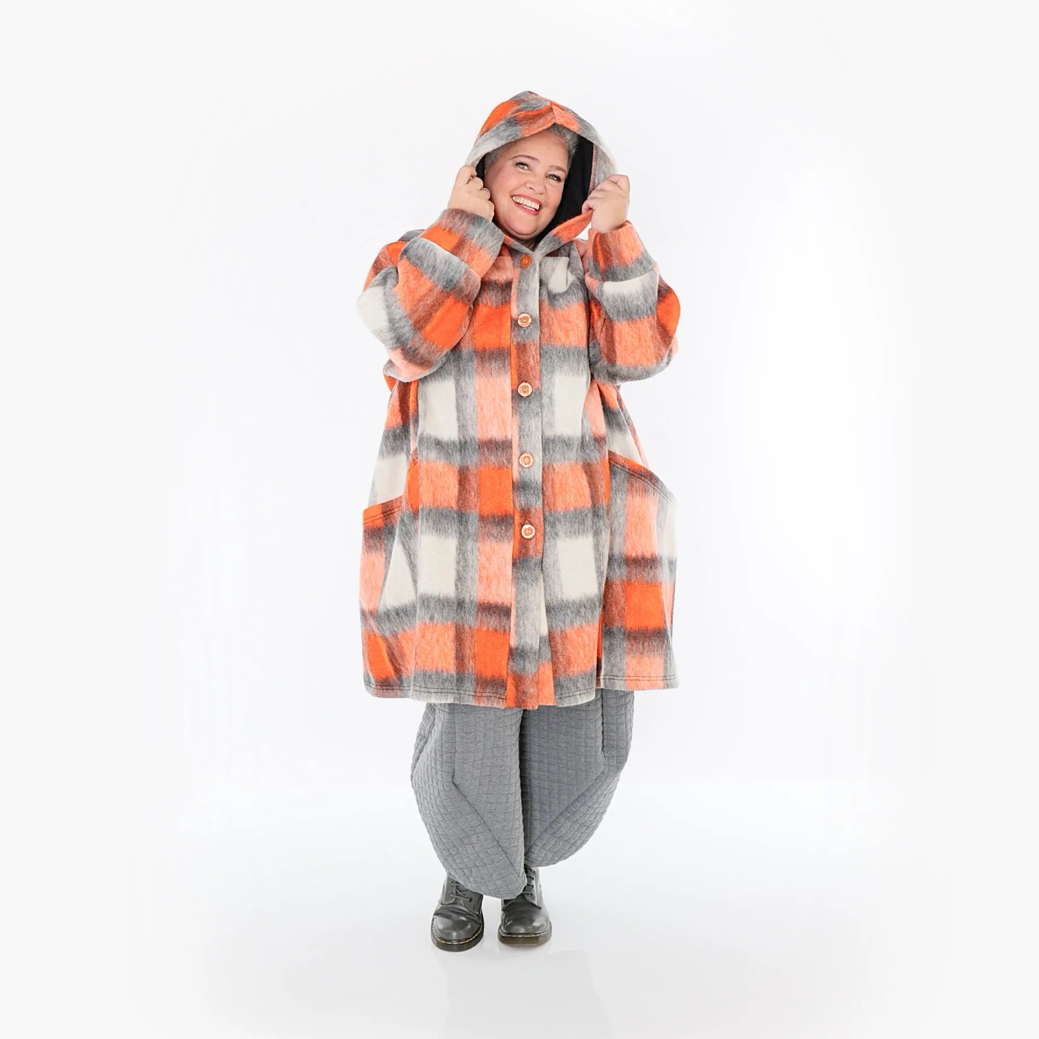  Ballonjacke von AKH Fashion aus Materialmix, 1410.06690, Orange-Grau-Weiß, Kariert