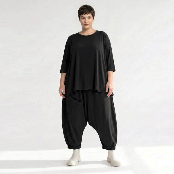 Ausgefallene Harem Hose im legeren Lagenlook mit luxuriös weich fließendem Slinky Material, Schwarz