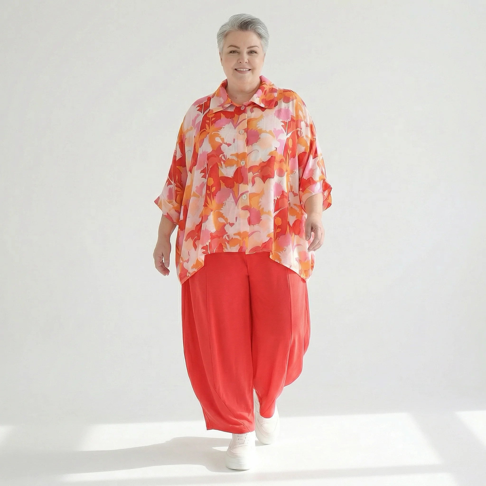  AKH Fashion Bluse in gerundeter Form, aus Viskose, 1506.07092, Orange/Multicolor, Blumen