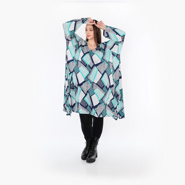  A-Form Bigshirt von AKH Fashion aus Materialmix, 1511.07108, Grün/Weiß/Marine, Abstrakt