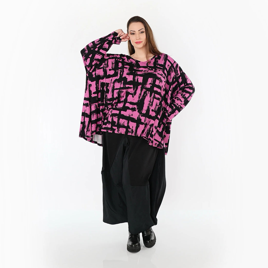  A-Form Bigshirt von AKH Fashion aus Viskose, 1519.02593, Fuchsia/Schwarz, Pinselstrich