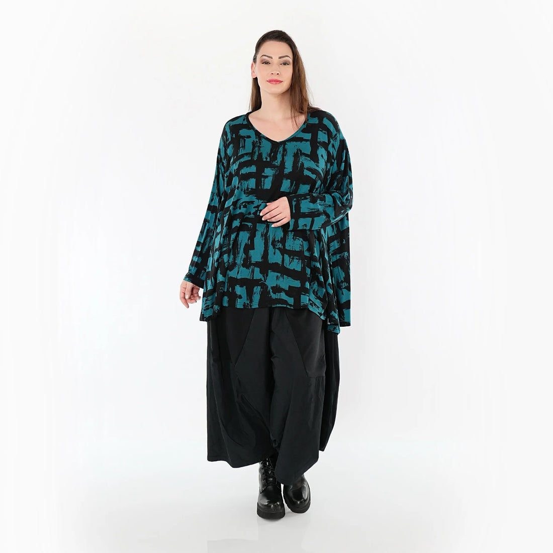  A-Form Bigshirt von AKH Fashion aus Viskose, 1519.02593, Petrol/Schwarz, Pinselstrich, Schick