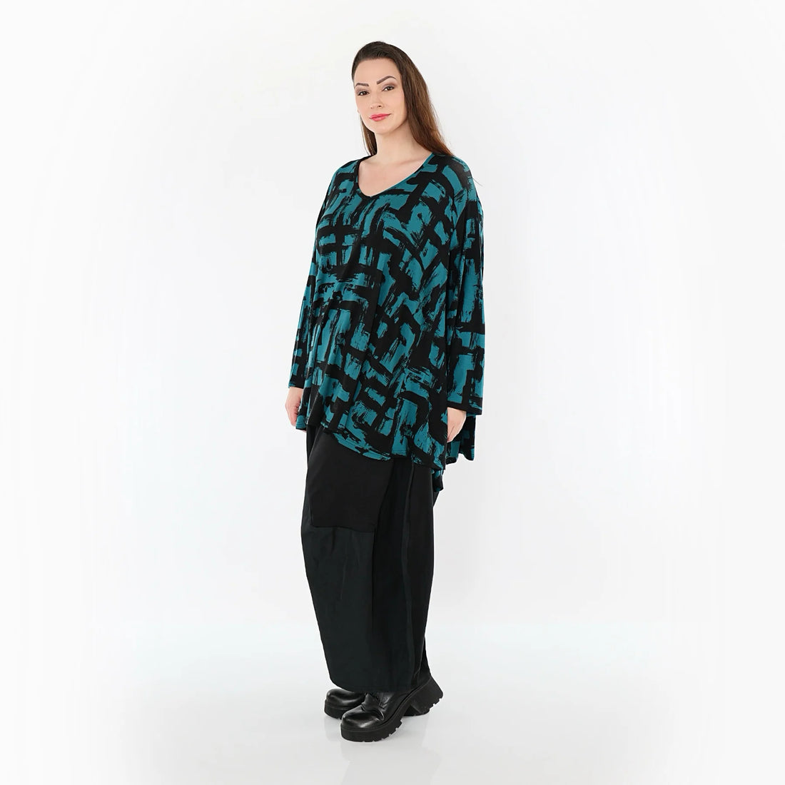  A-Form Bigshirt von AKH Fashion aus Viskose, 1519.02593, Petrol/Schwarz, Pinselstrich, Schick