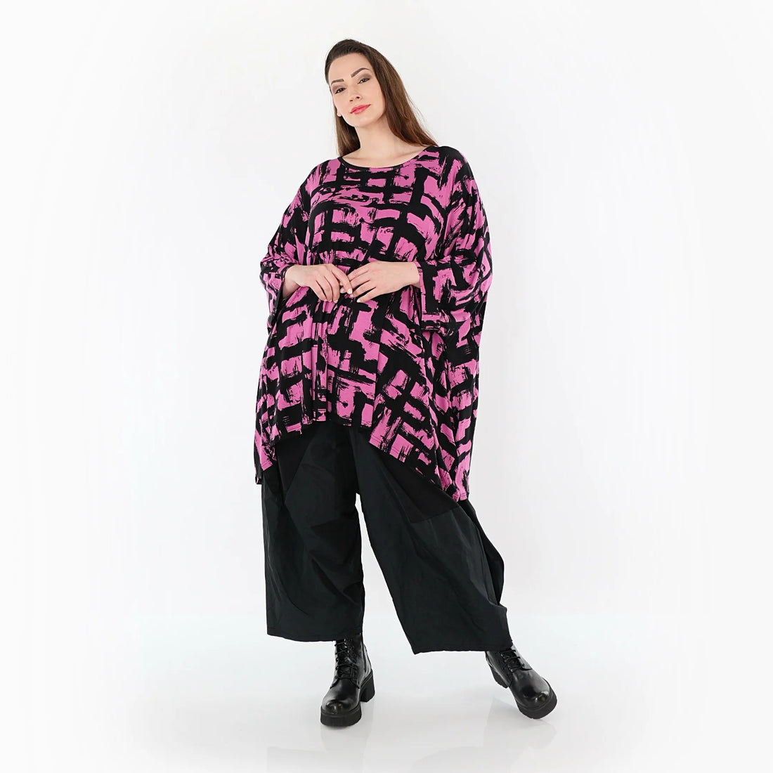  A-Form Bigshirt von AKH Fashion aus Viskose, 1519.07116, Fuchsia/Schwarz, Pinselstrich