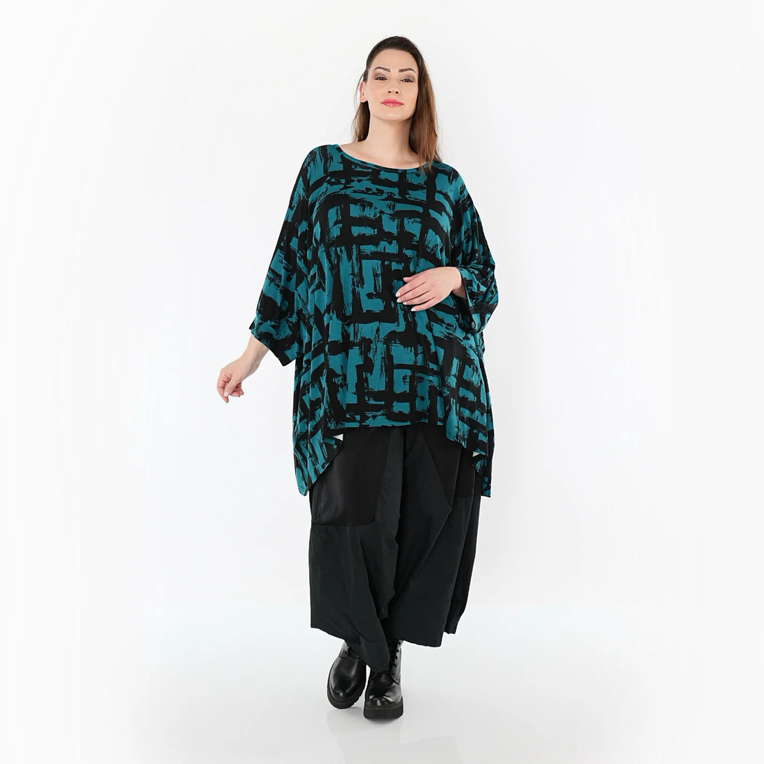  A-Form Bigshirt von AKH Fashion aus Viskose, 1519.07116, Petrol/Schwarz, Pinselstrich, Schick