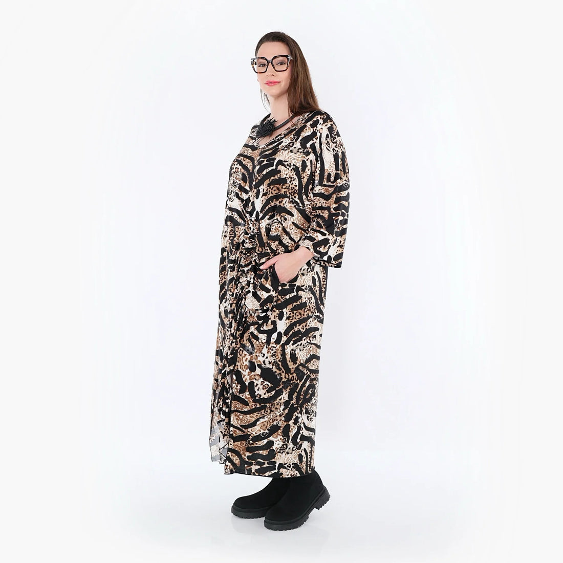  Kleid von AKH Fashion aus Materialmix, 1521.07134, Schwarz/Cognac/Weiß, Leopard, Schick