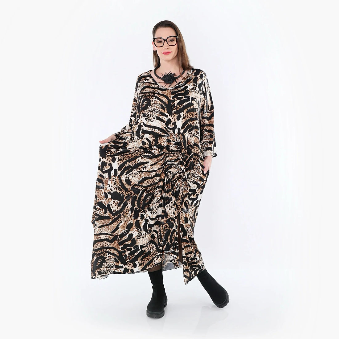  Kleid von AKH Fashion aus Materialmix, 1521.07134, Schwarz/Cognac/Weiß, Leopard, Schick