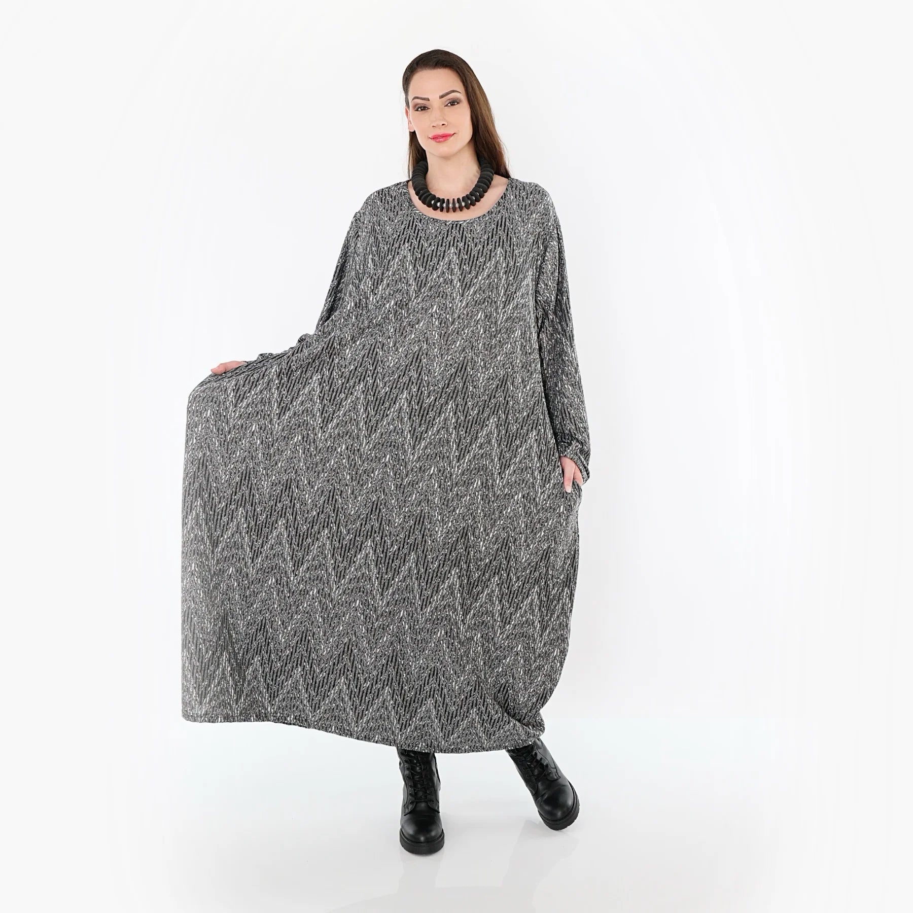  Ballonkleid von AKH Fashion aus Materialmix, 1526.01926, Grau/Schwarz/Weiß, Schick