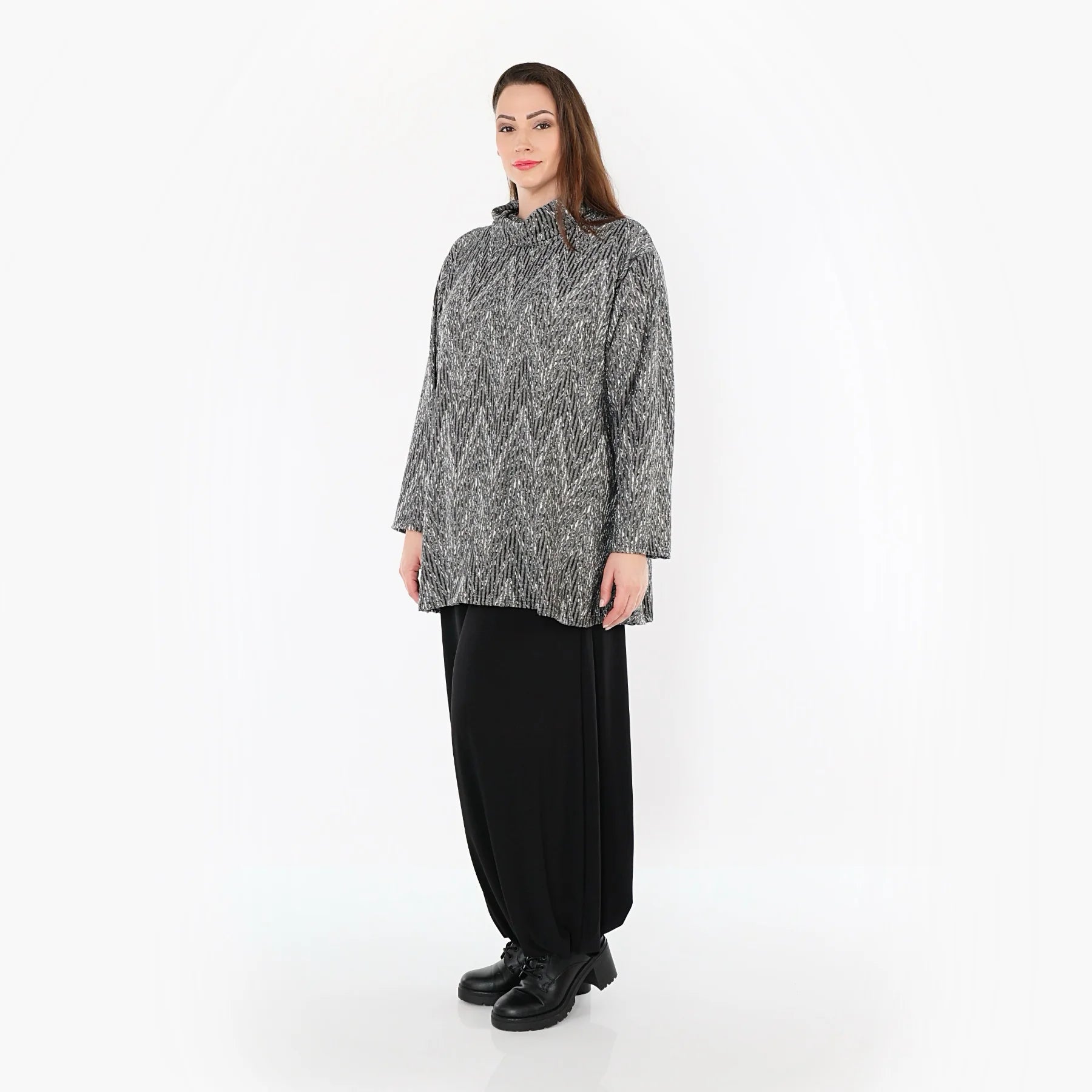  AKH Fashion Shirt in Glocken-Form, aus Materialmix, 1526.1892R, Grau/Schwarz/Weiß, Schick