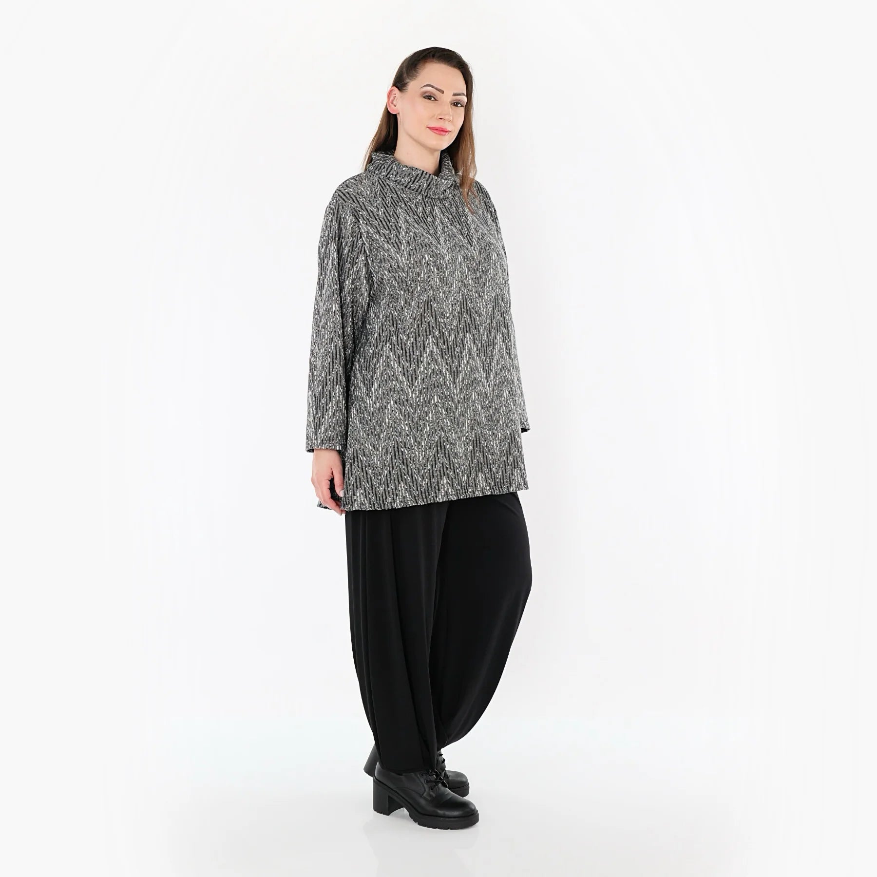  AKH Fashion Shirt in Glocken-Form, aus Materialmix, 1526.1892R, Grau/Schwarz/Weiß, Schick