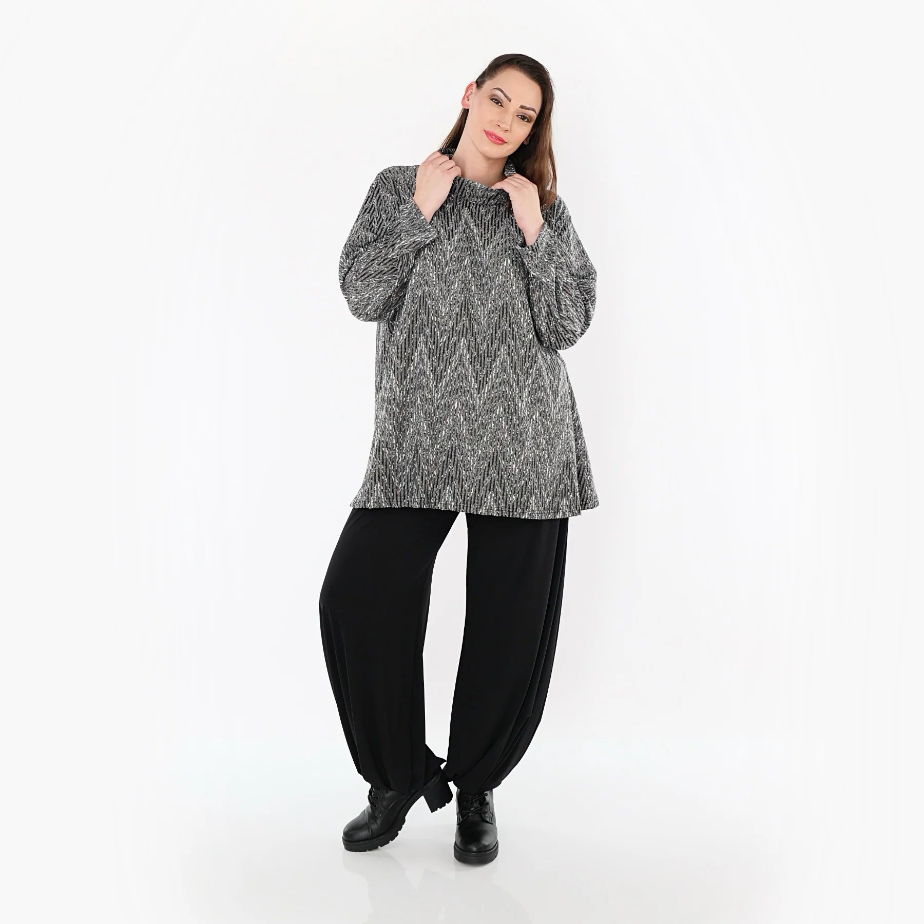  AKH Fashion Shirt in Glocken-Form, aus Materialmix, 1526.1892R, Grau/Schwarz/Weiß, Schick