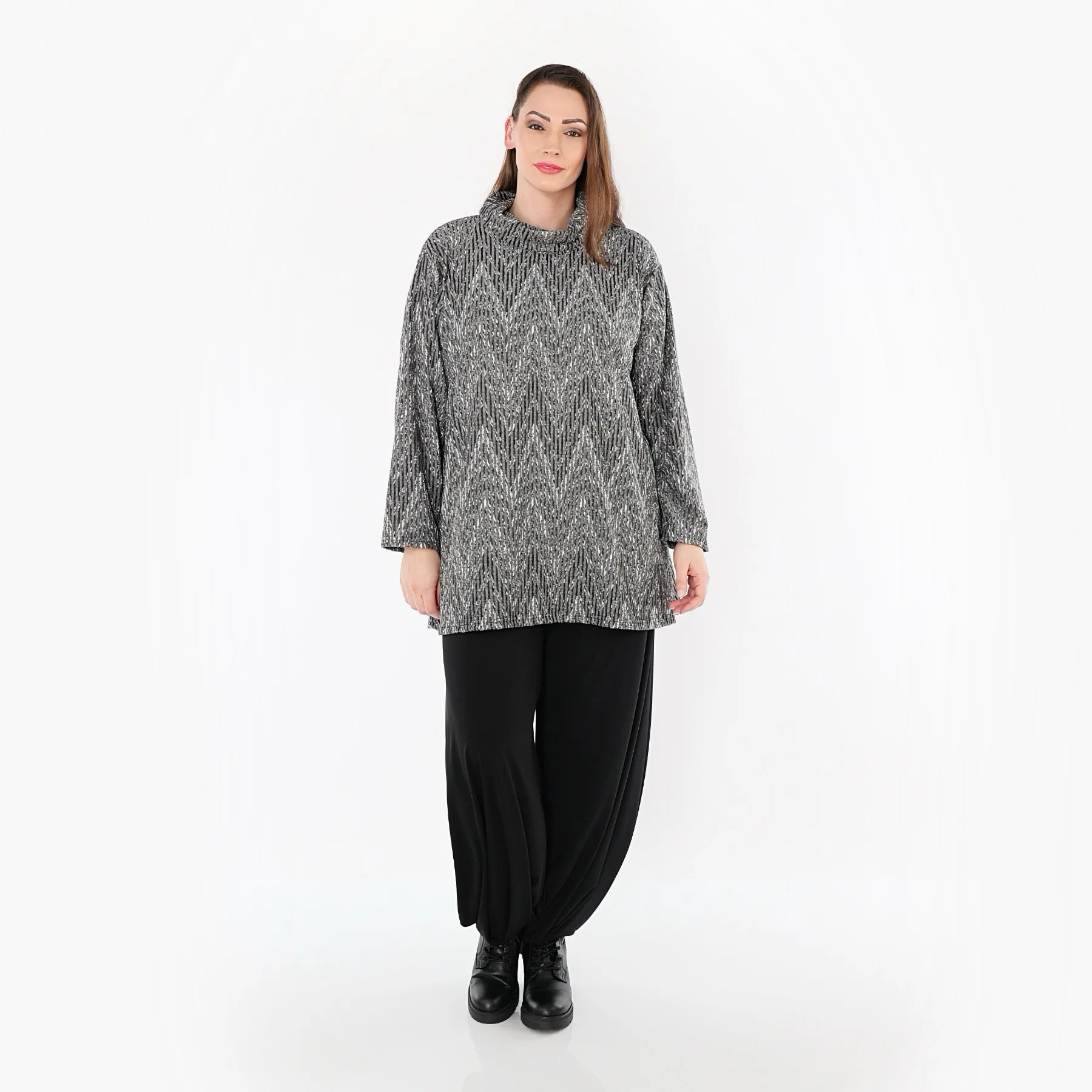  AKH Fashion Shirt in Glocken-Form, aus Materialmix, 1526.1892R, Grau/Schwarz/Weiß, Schick