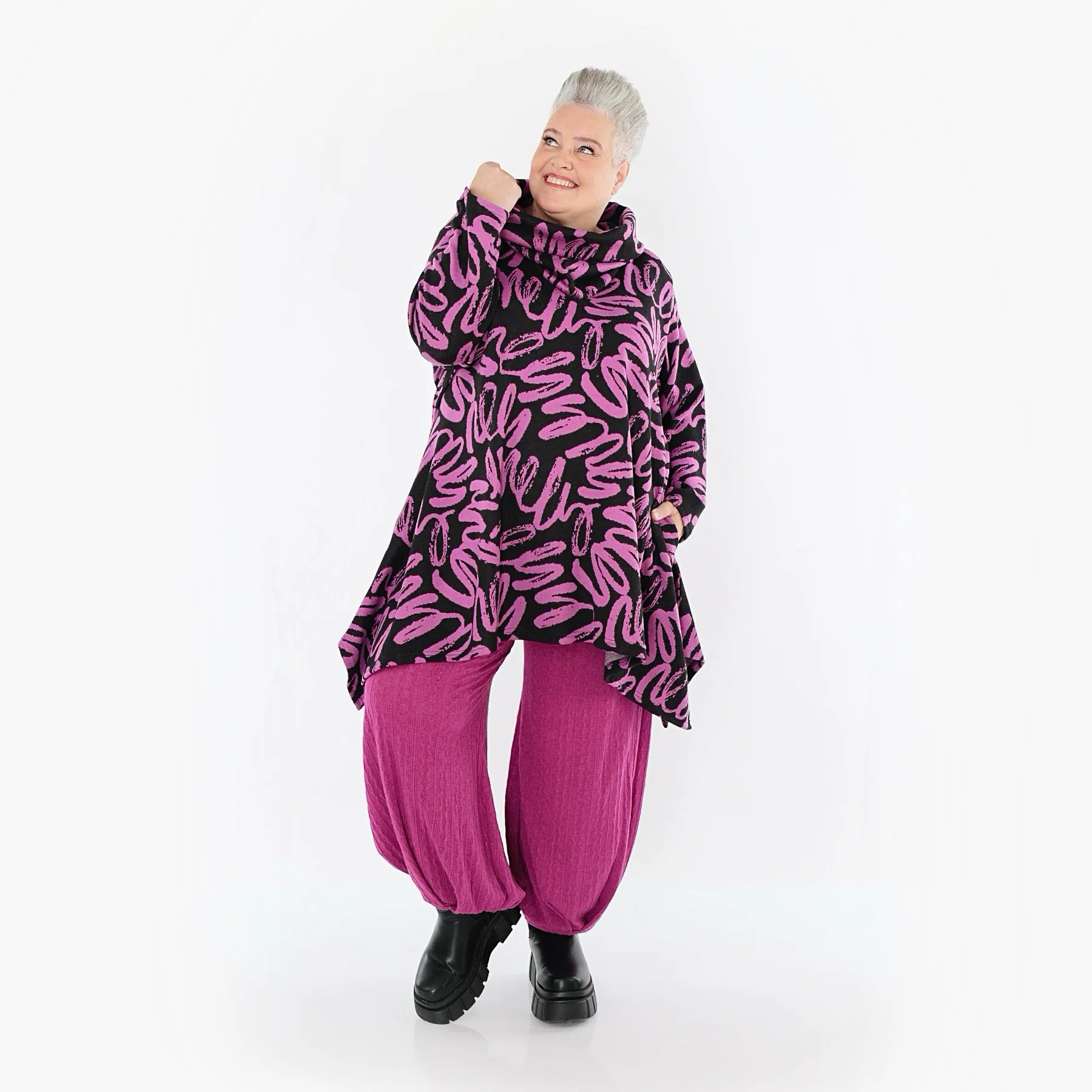  A-Form Shirt von AKH Fashion aus Materialmix, 1529.03371, Schwarz/Fuchsia, Kringel, Schick