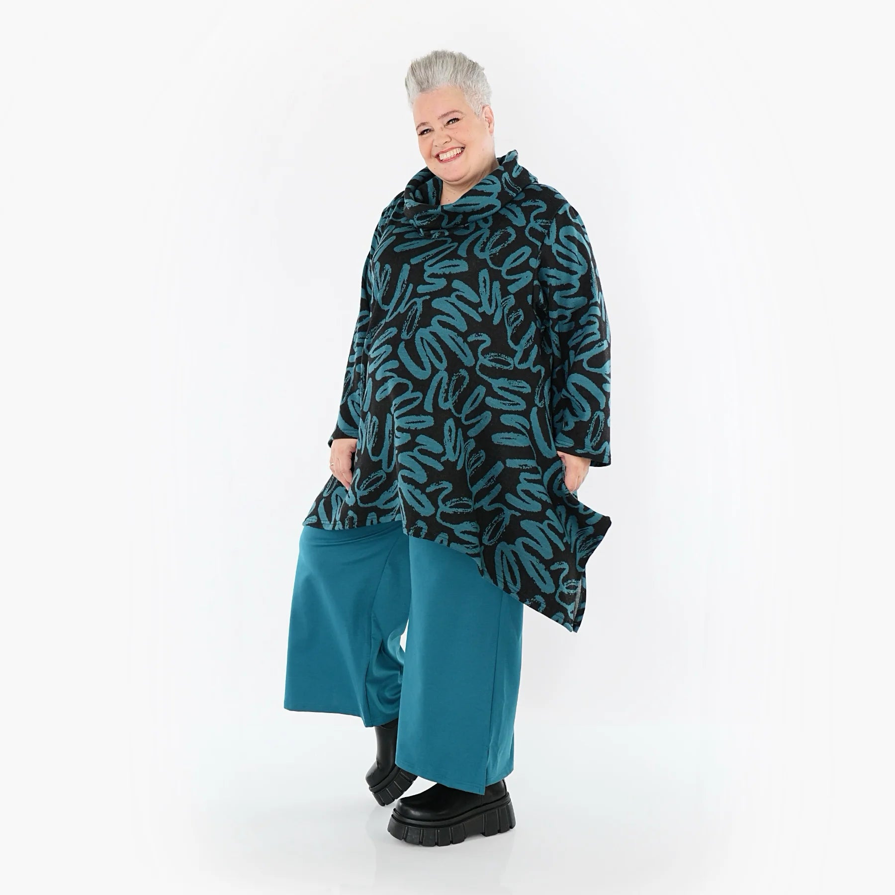 A-Form Shirt von AKH Fashion aus Materialmix, 1529.03371, Schwarz/Petrol, Kringel, Schick