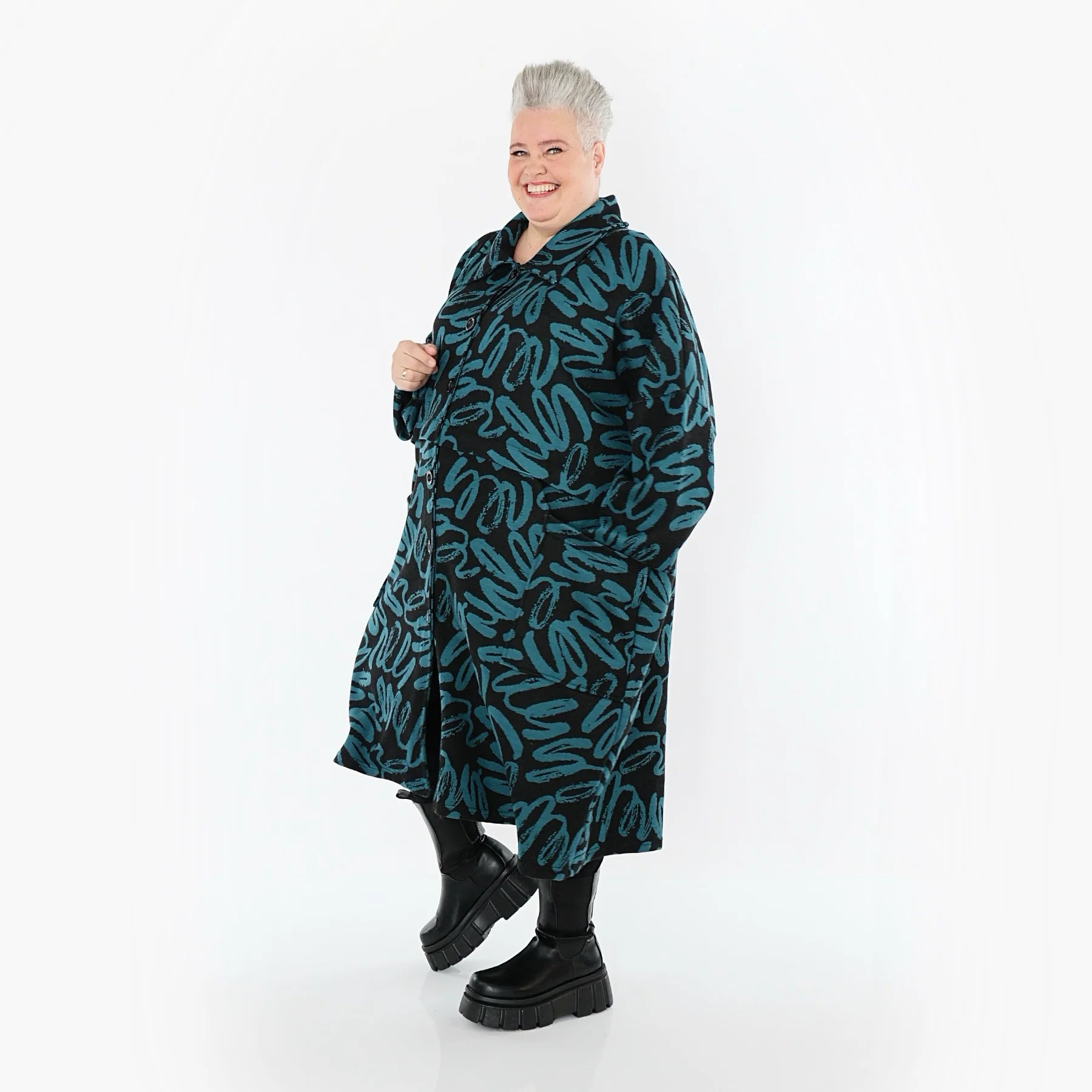  AKH Fashion Mantel in Glocken-Form, aus Materialmix, 1529.07041, Schwarz/Petrol, Kringel