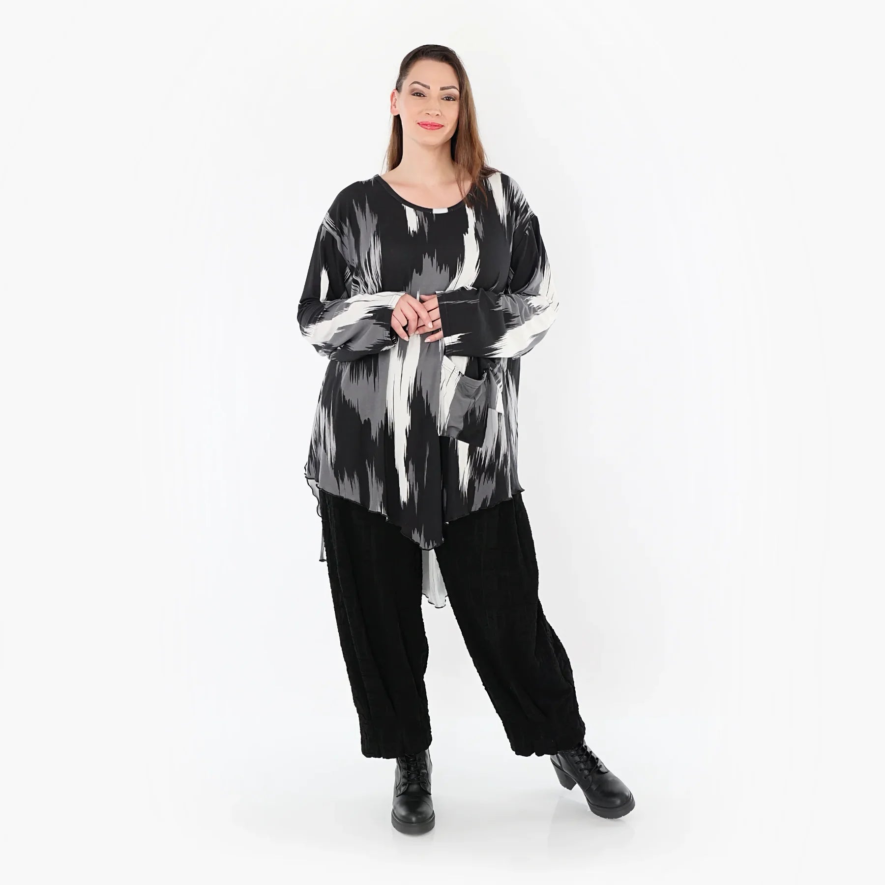 A-Form Bigshirt von AKH Fashion aus Viskose, 1530.07138, Schwarz/Grau/Weiß, Pinselstrich