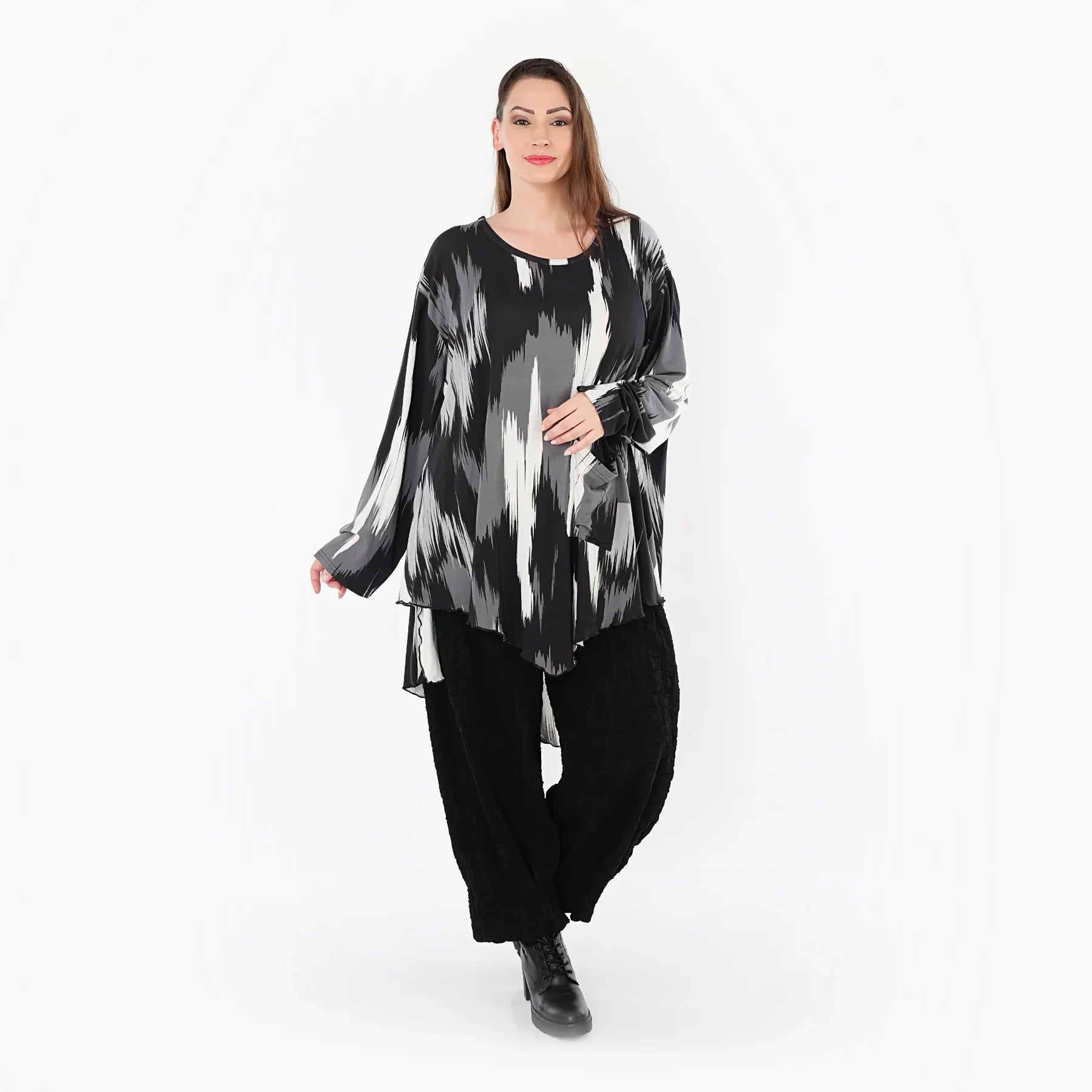  A-Form Bigshirt von AKH Fashion aus Viskose, 1530.07138, Schwarz/Grau/Weiß, Pinselstrich
