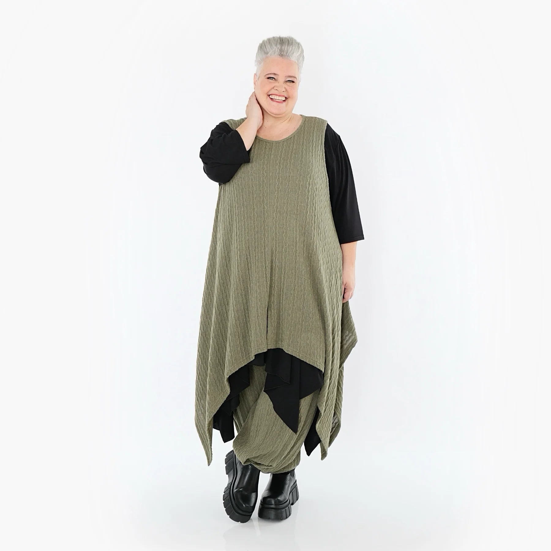  Zipfel Kleid von AKH Fashion aus Materialmix, 1532.03067, Olive, Wellen, Ausgefallen