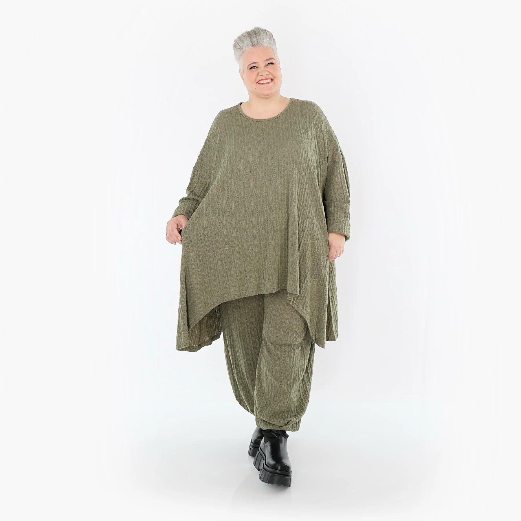  A-Form Bigshirt von AKH Fashion aus Materialmix, 1532.07014, Olive, Wellen, Ausgefallen