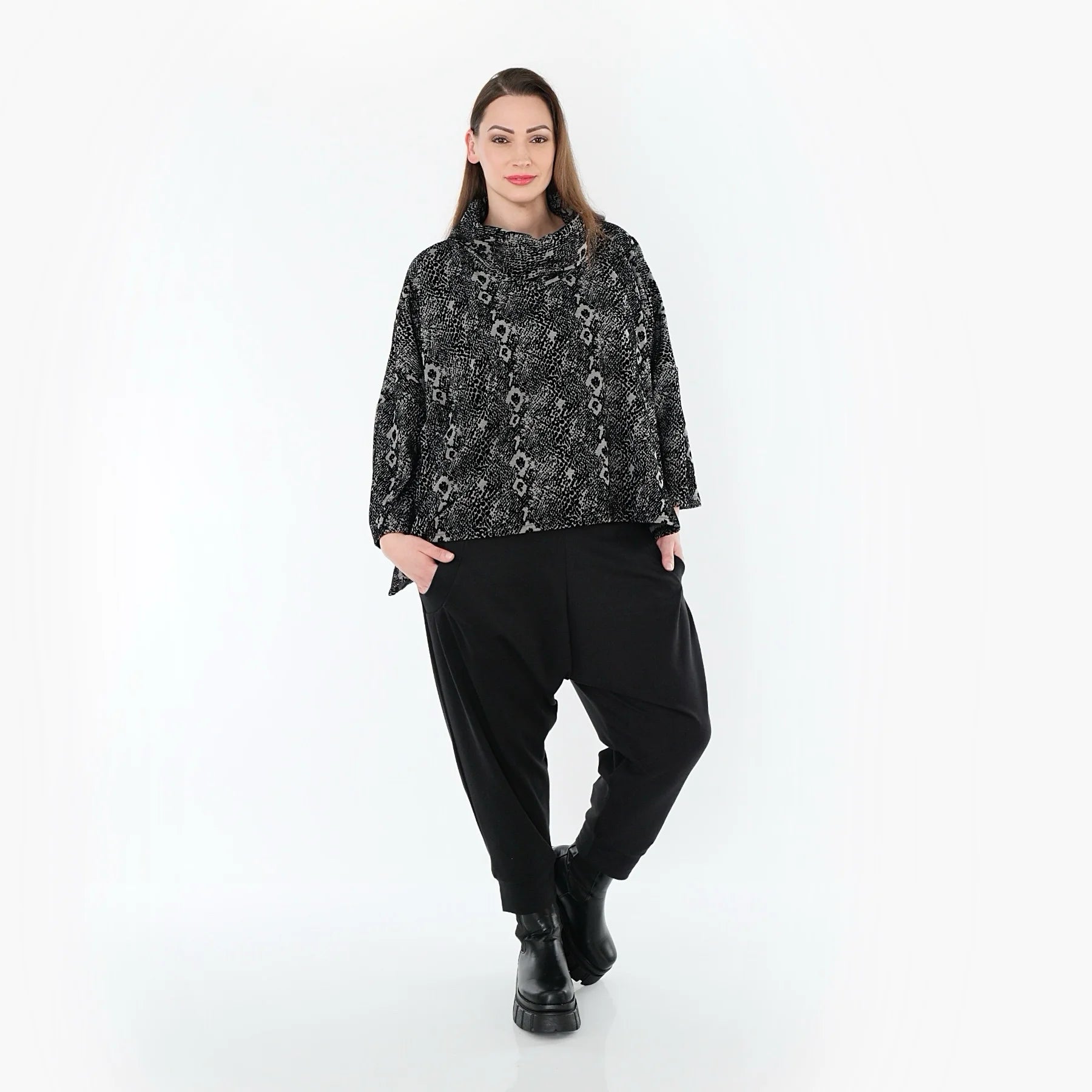  AKH Fashion Bigshirt in kastiger Form, aus Materialmix, 1541.03019, Grau/Schwarz, Reptil