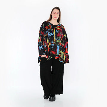  A-Form Bigshirt von AKH Fashion aus Viskose, 1542.00593, Schwarz/Multi, Pinselstrich, Schick
