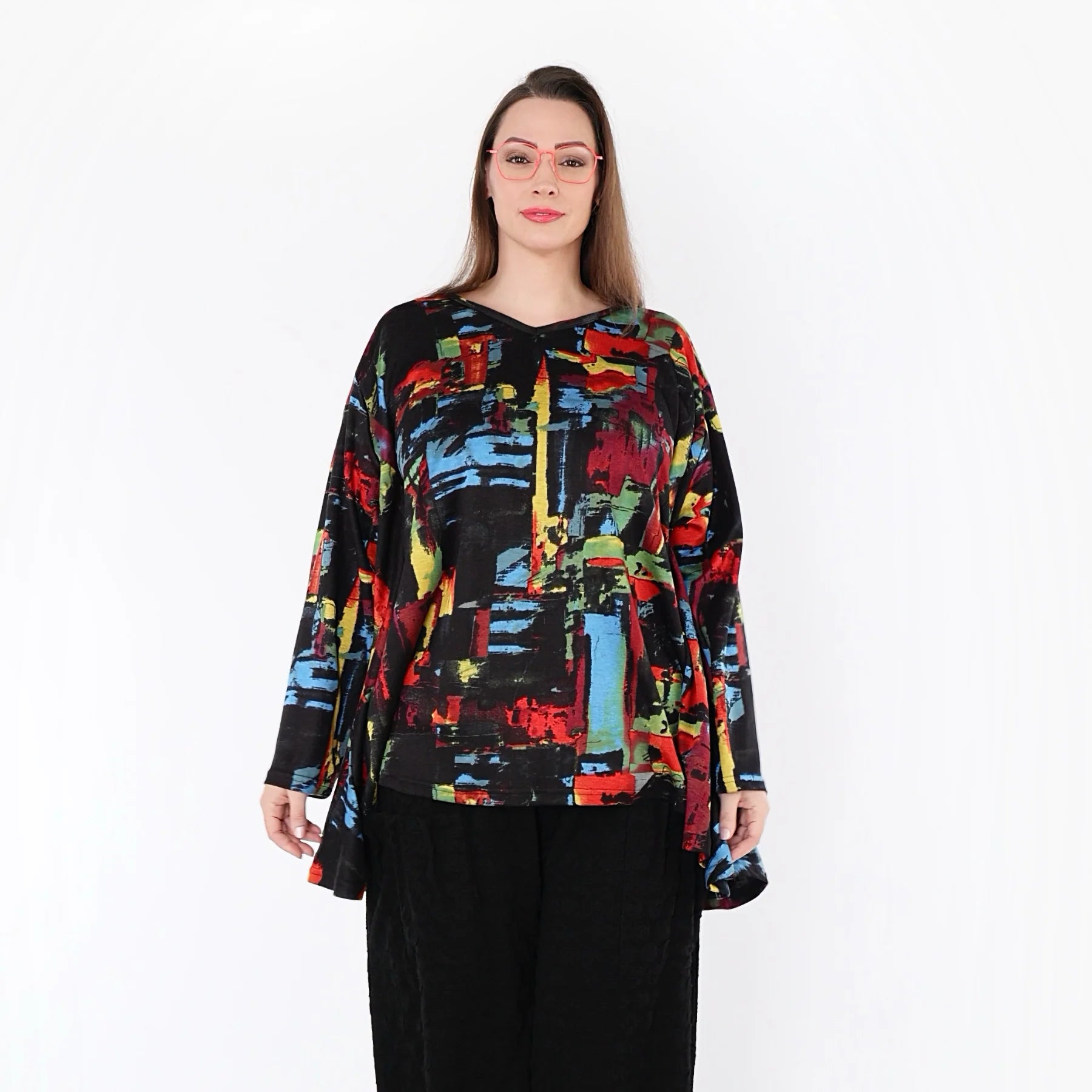  A-Form Bigshirt von AKH Fashion aus Viskose, 1542.00593, Schwarz/Multi, Pinselstrich, Schick