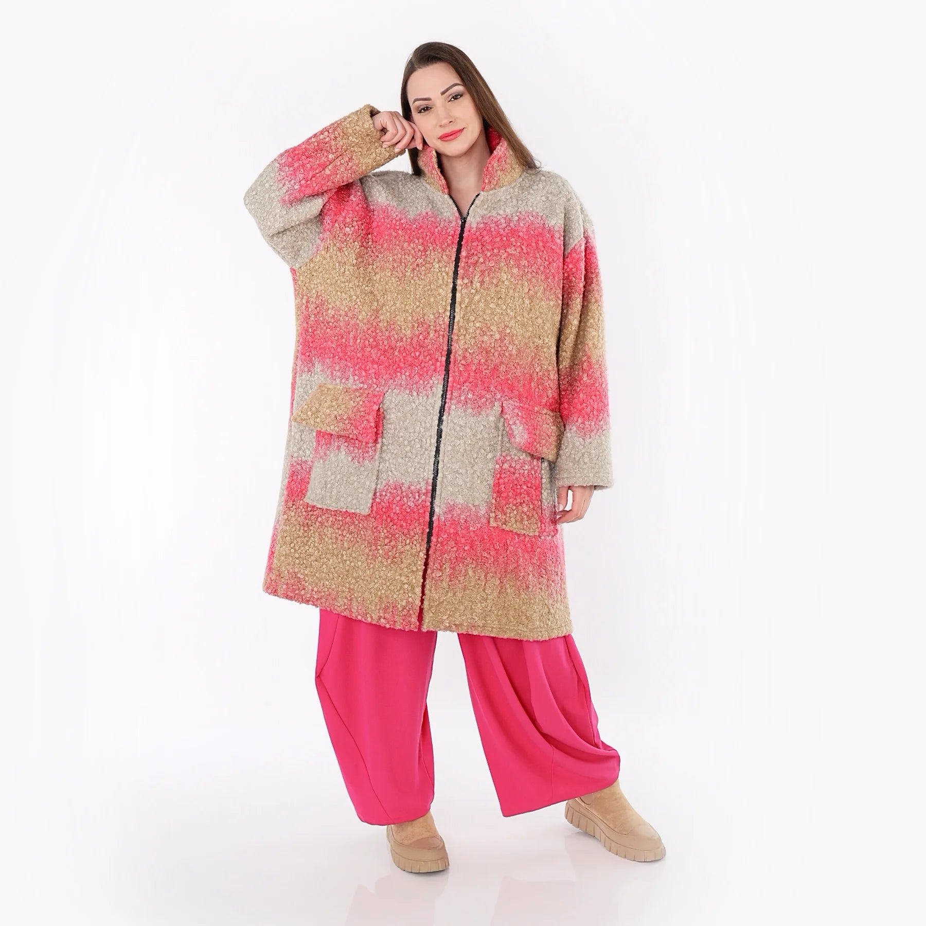  AKH Fashion Mantel in gerader Form, aus Polyester, 1543.06656, Sand/Fuchsia, TwoTone